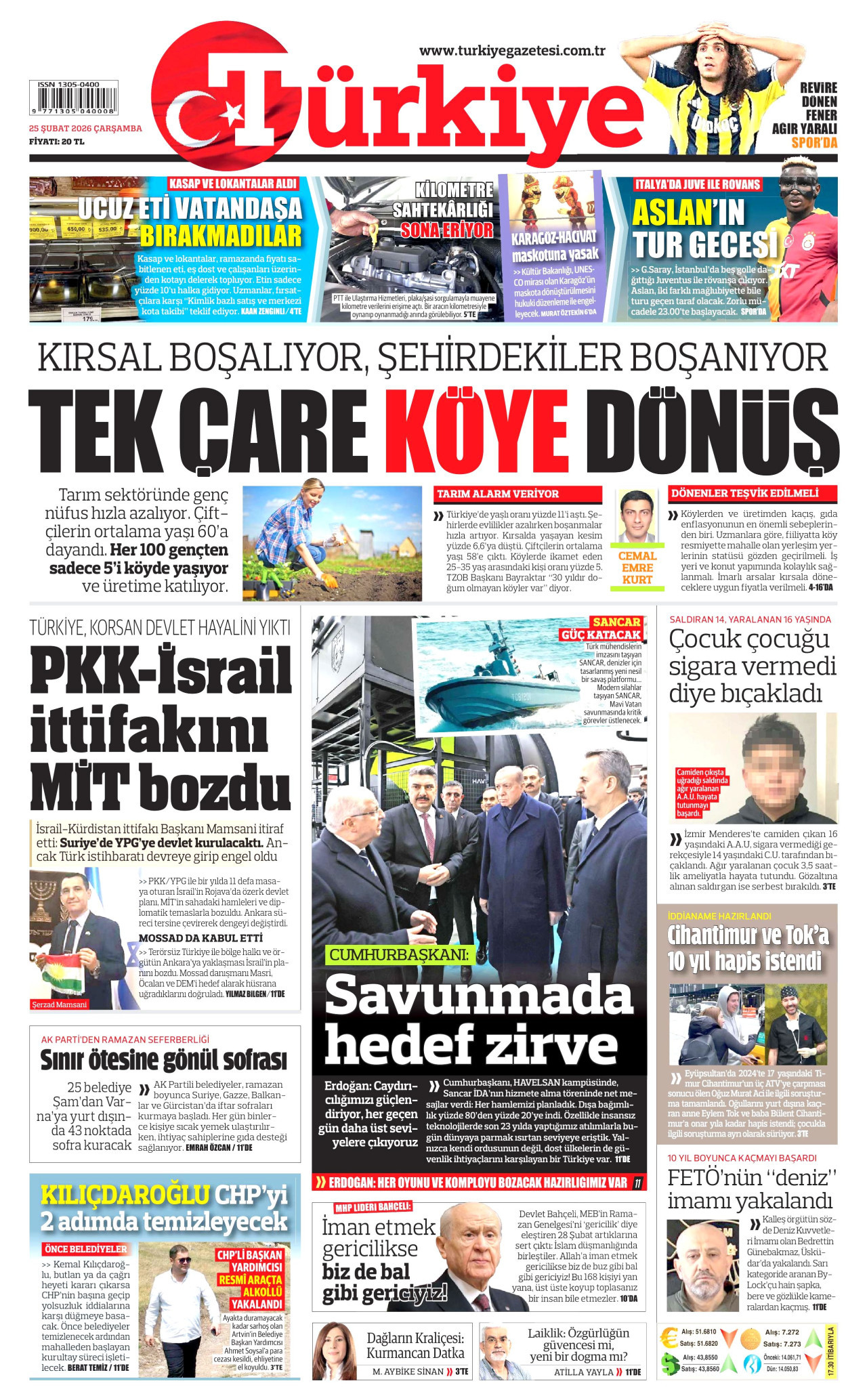 TÜRKİYE GAZETESİ gazetesinin 25 Şubat 2026 tarihli birinci sayfası
