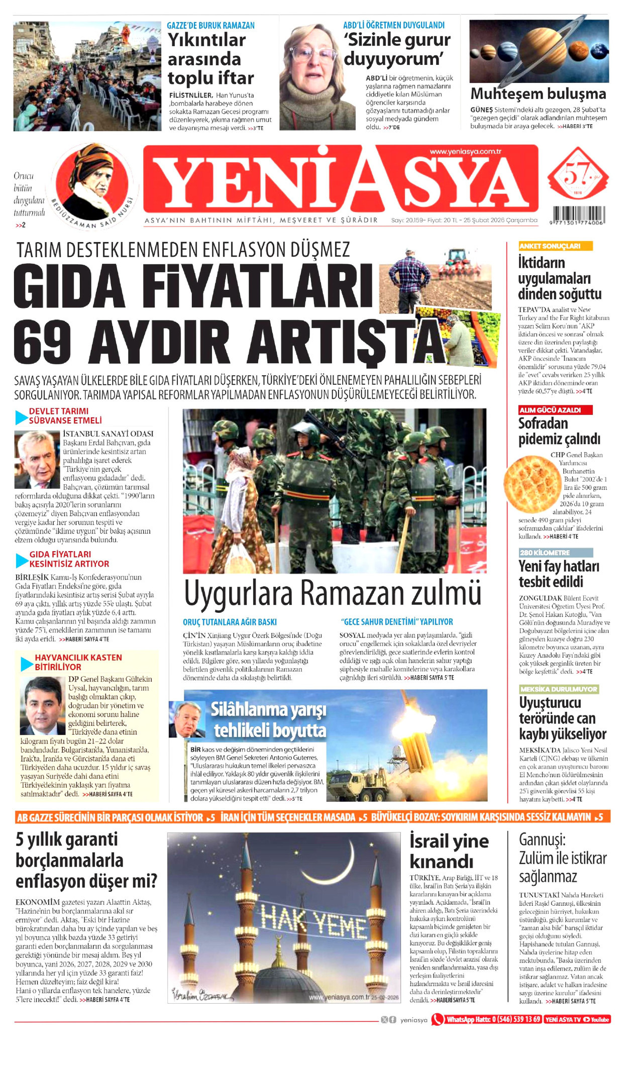 YENİ ASYA gazetesinin 25 Şubat 2026 tarihli birinci sayfası