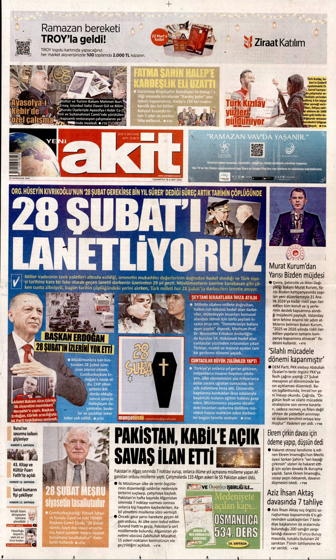 YENİ AKİT gazetesinin 28 Şubat 2026 tarihli birinci sayfası