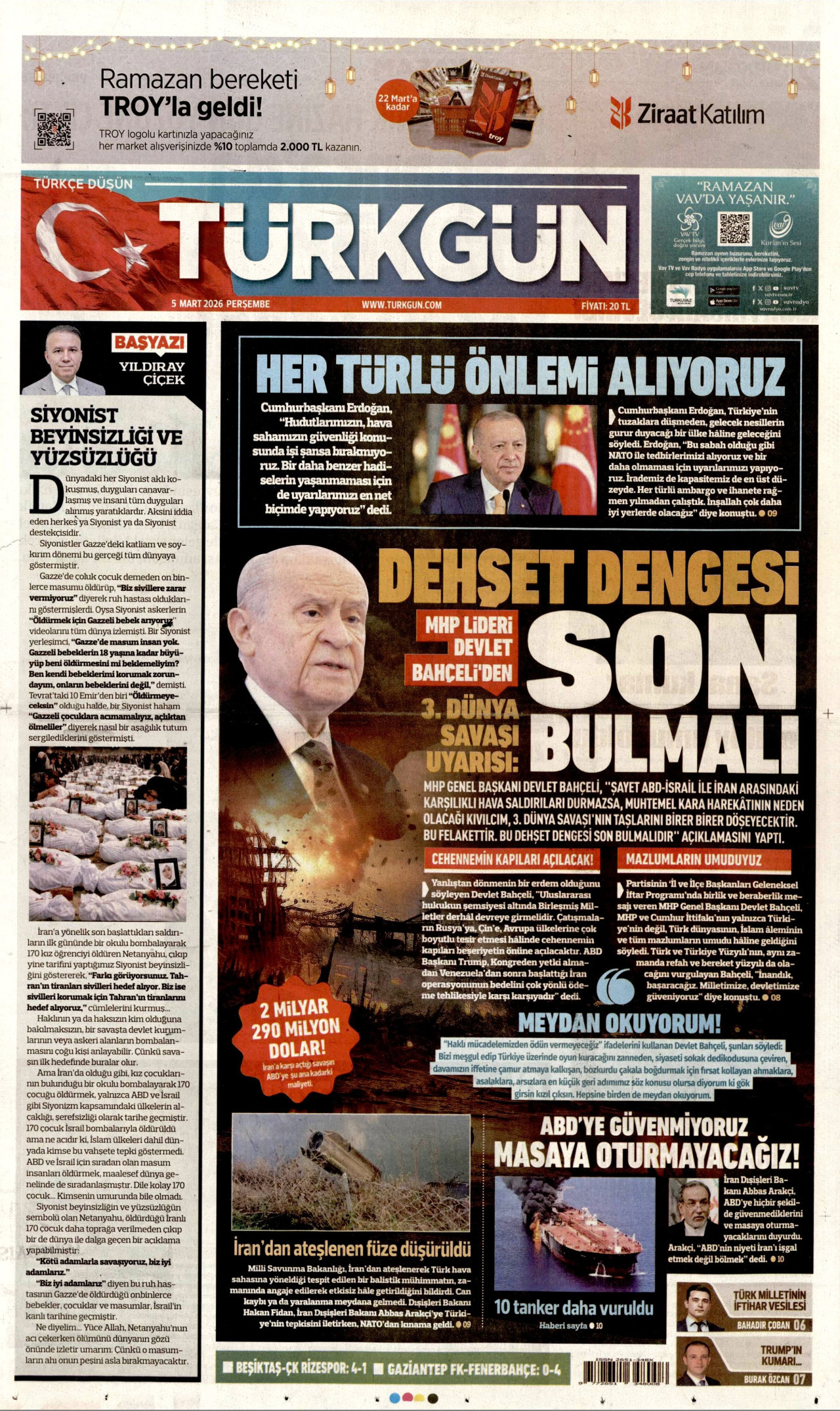 TÜRKGÜN gazetesinin 5 Mart 2026 tarihli birinci sayfası