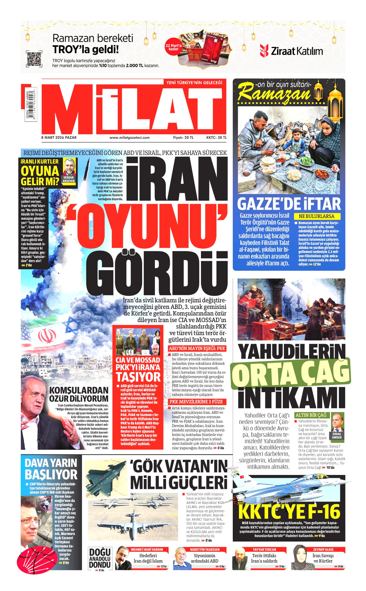 MİLAT gazetesinin 8 Mart 2026 tarihli birinci sayfası