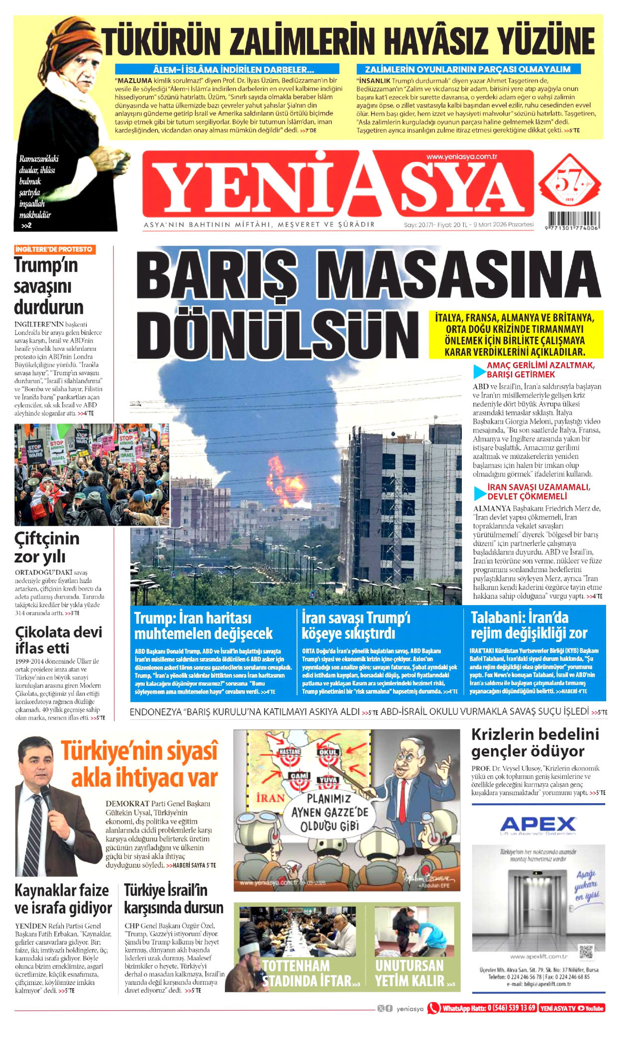 YENİ ASYA gazetesinin 9 Mart 2026 tarihli birinci sayfası