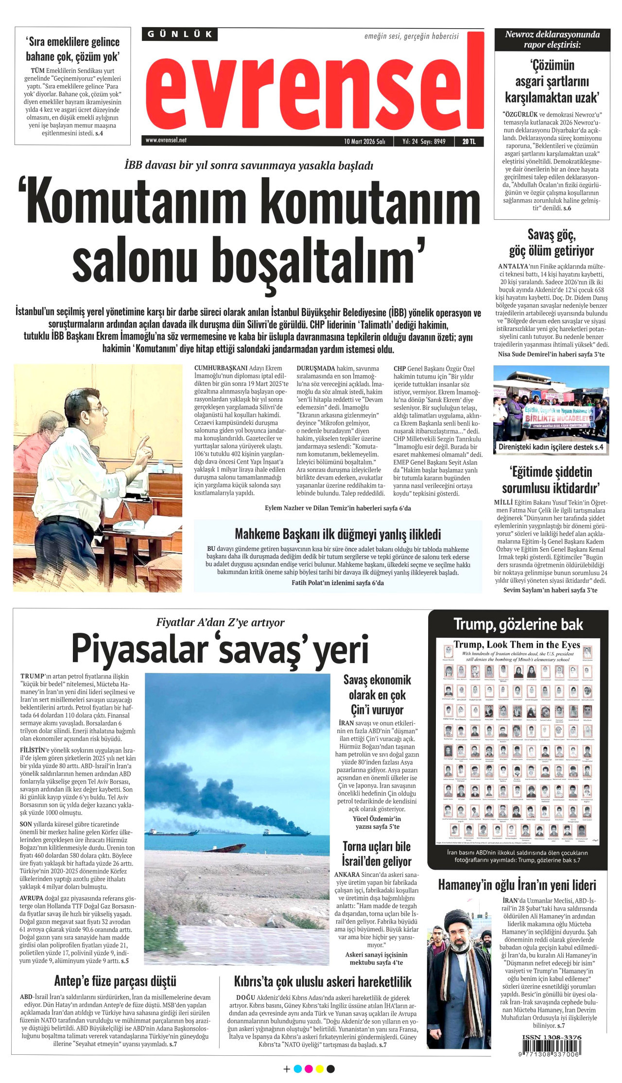 EVRENSEL gazetesinin 10 Mart 2026 tarihli birinci sayfası