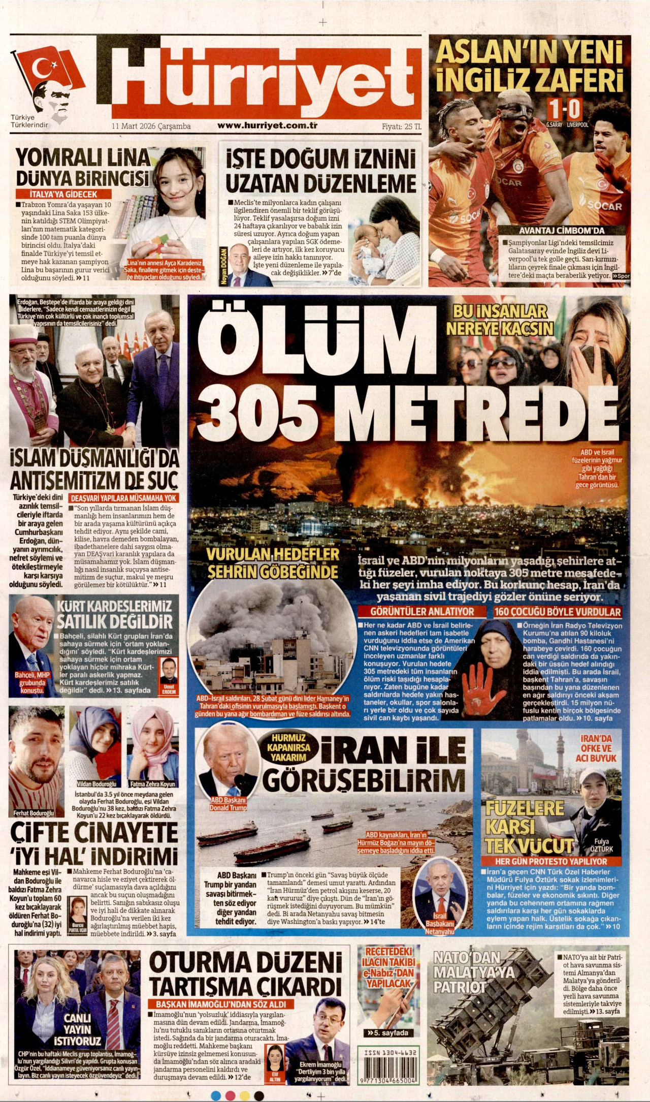 HÜRRİYET gazetesinin 11 Mart 2026 tarihli birinci sayfası
