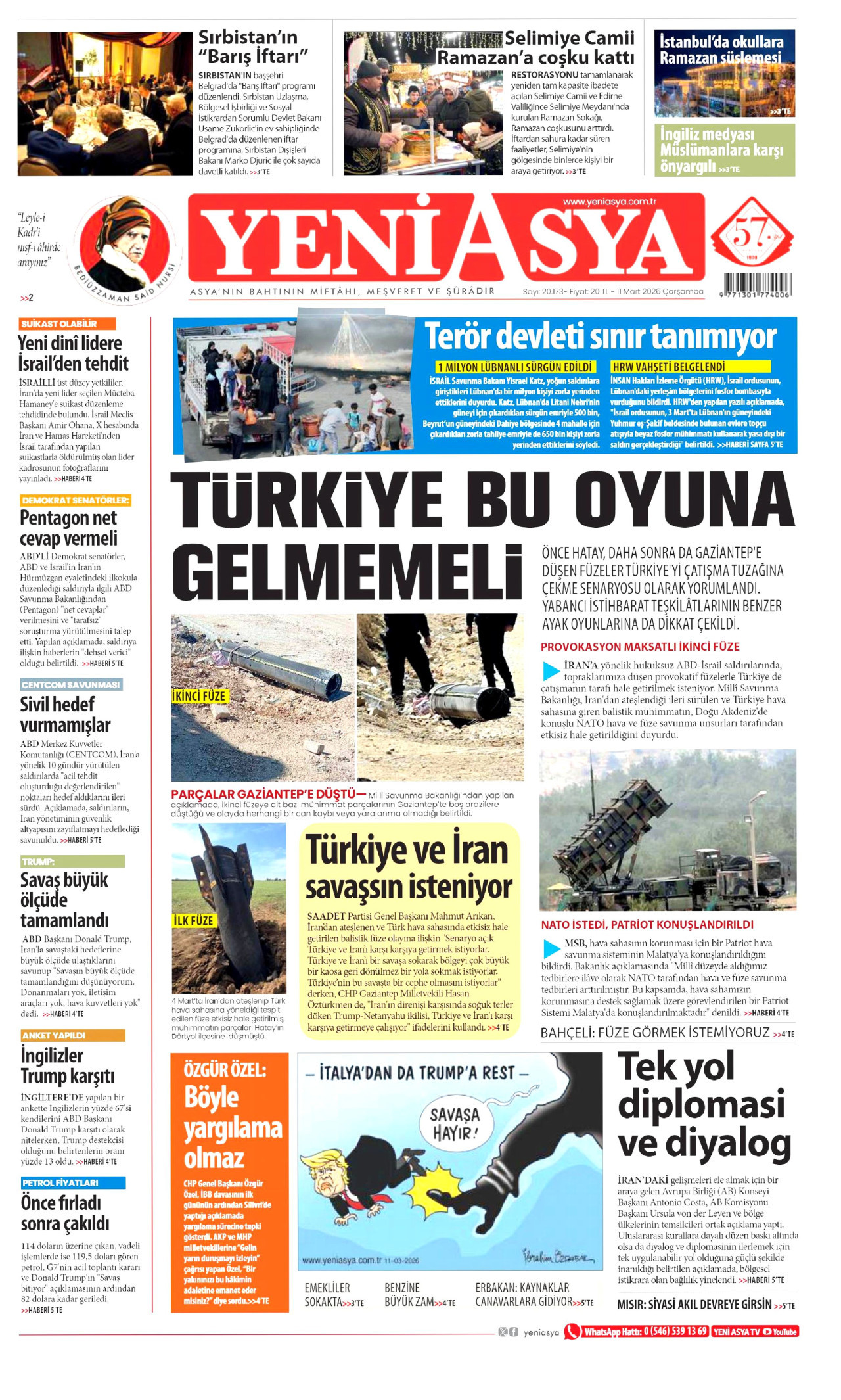 YENİ ASYA gazetesinin 11 Mart 2026 tarihli birinci sayfası