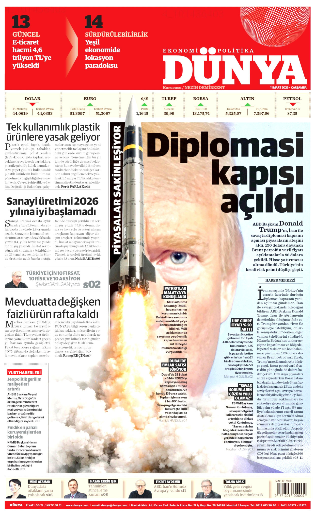 DÜNYA gazetesinin 11 Mart 2026 tarihli birinci sayfası