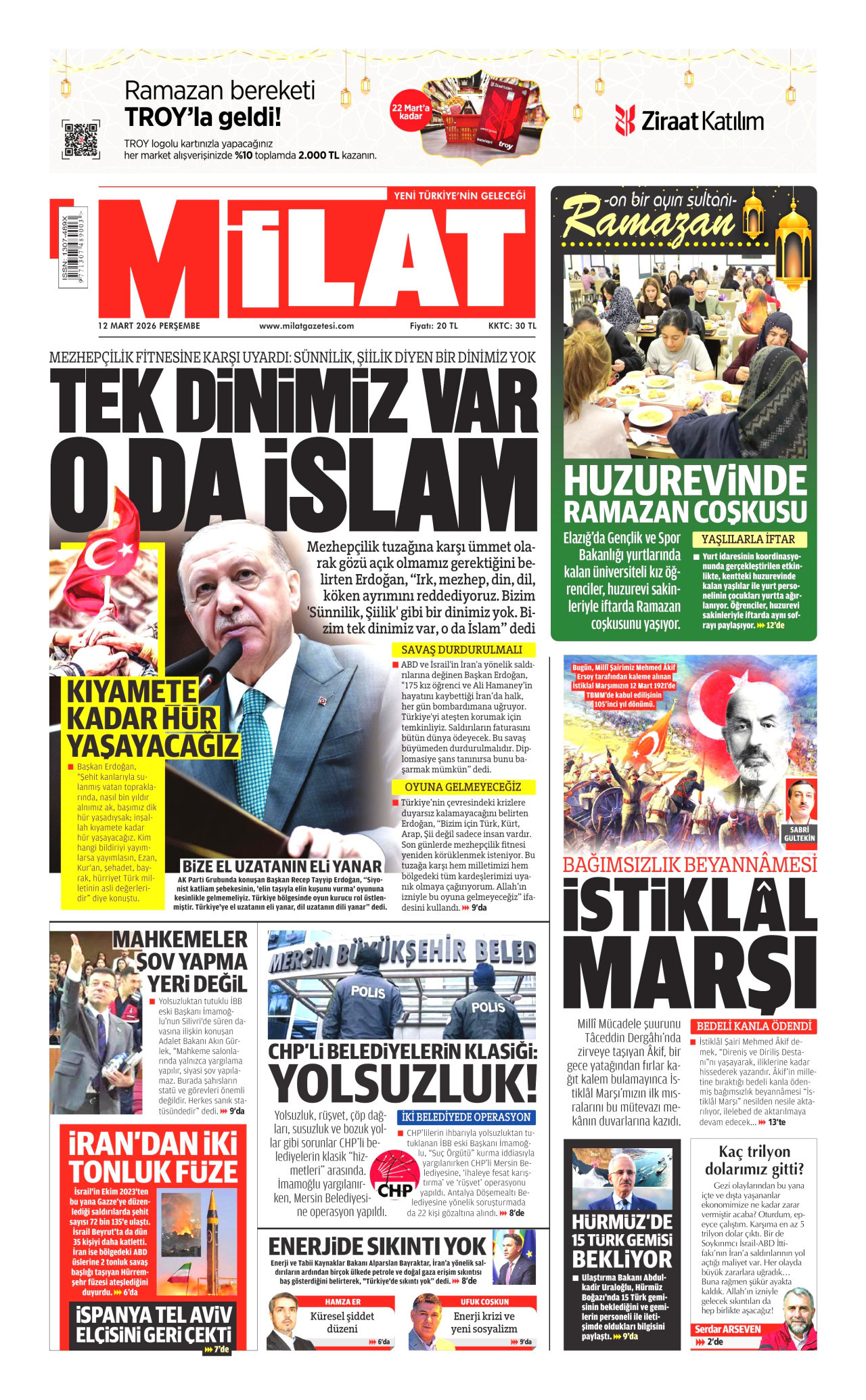 MİLAT gazetesinin 12 Mart 2026 tarihli birinci sayfası