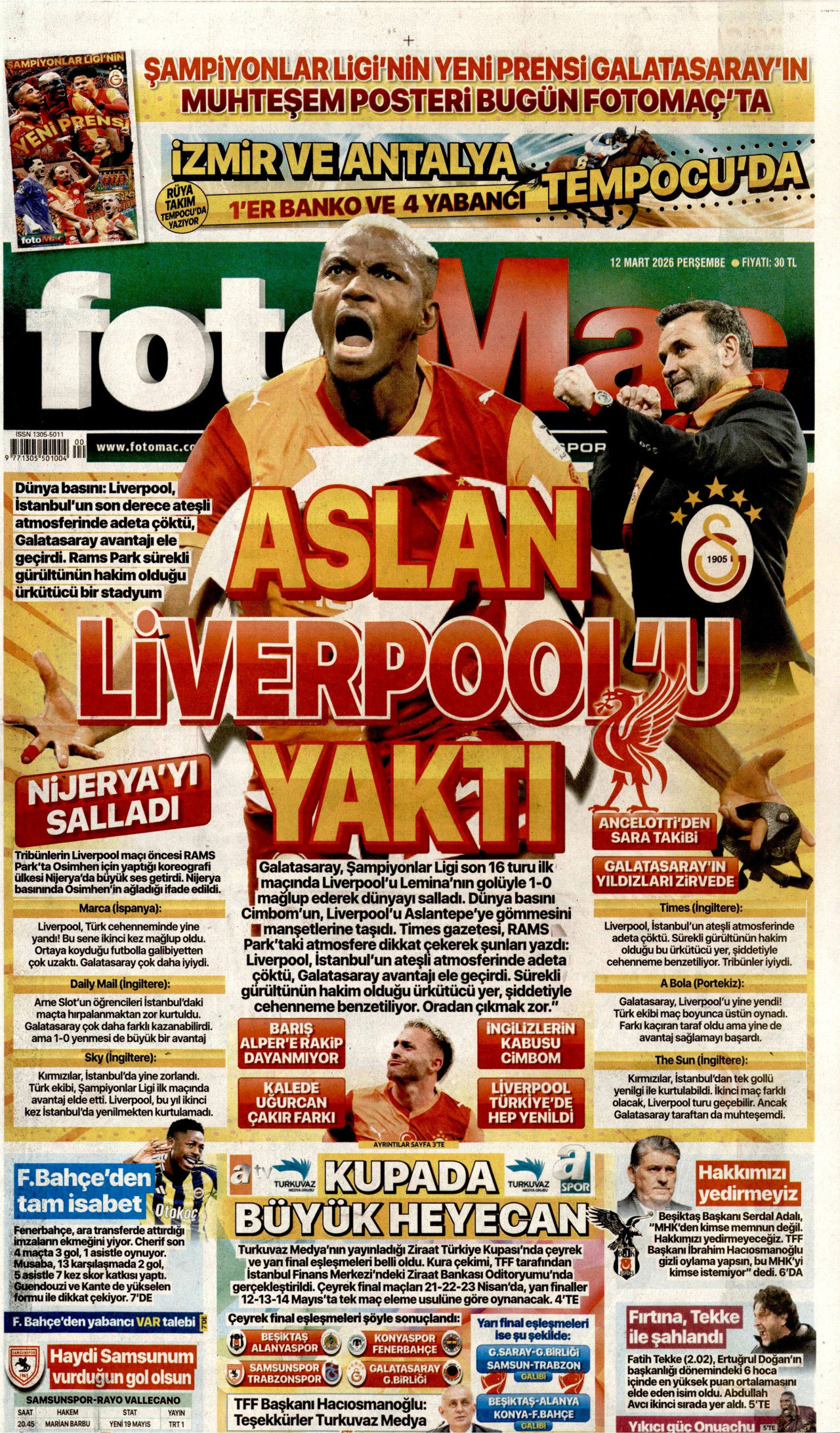 FOTOMAÇ gazetesinin 12 Mart 2026 tarihli birinci sayfası