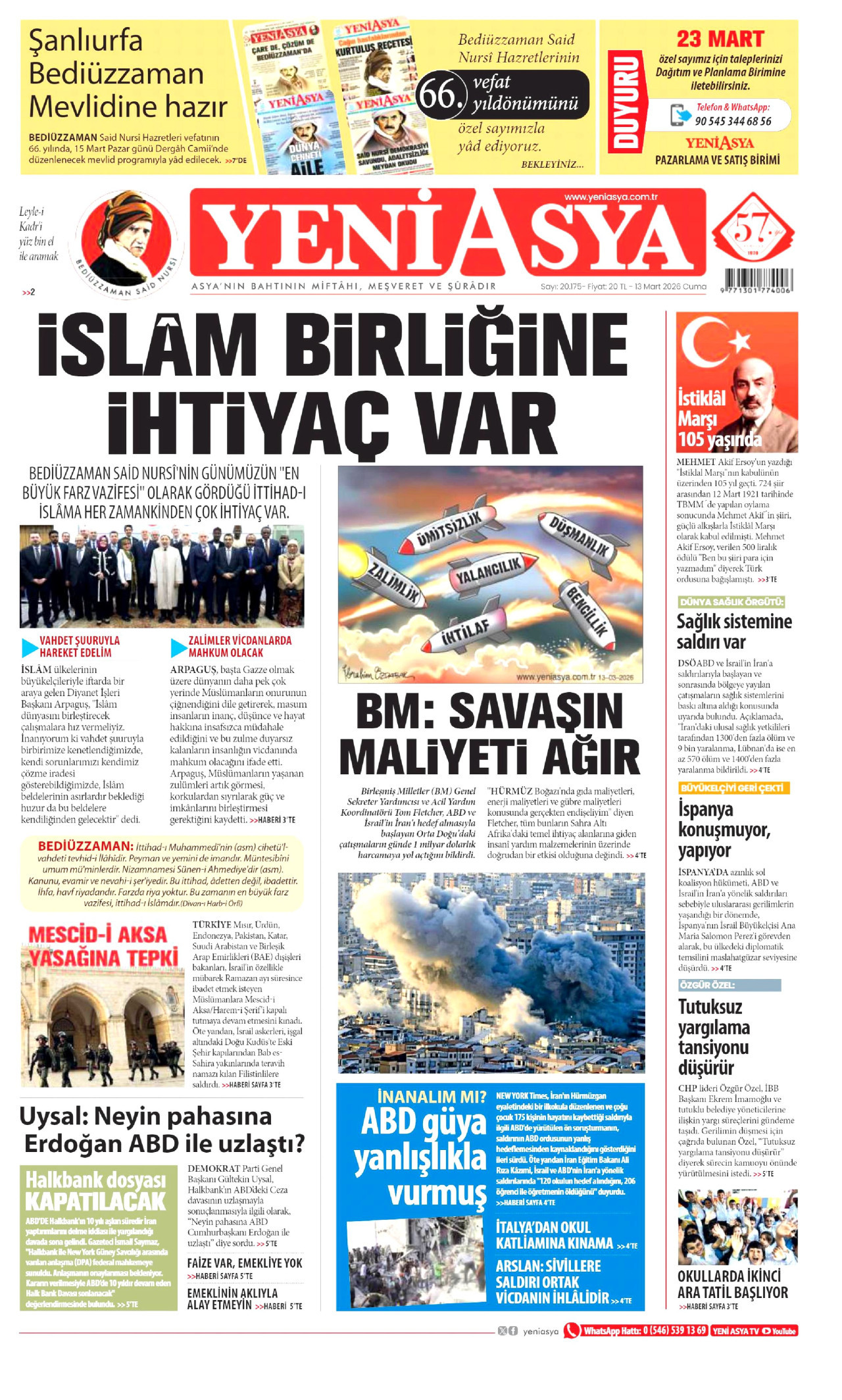 YENİ ASYA gazetesinin 13 Mart 2026 tarihli birinci sayfası