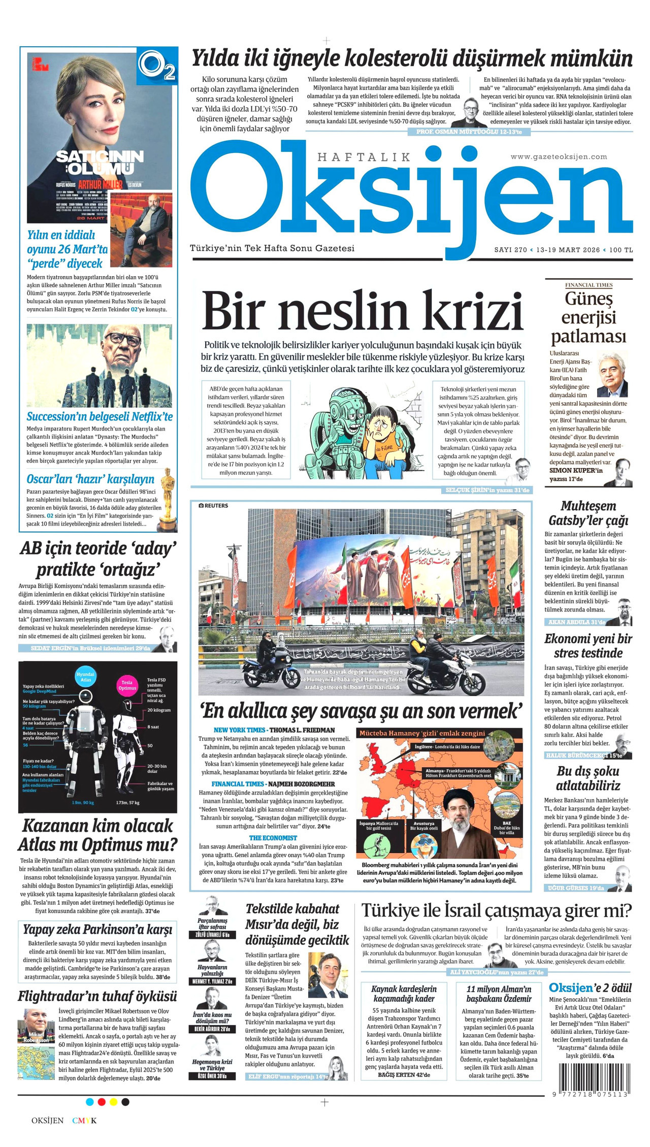 OKSİJEN gazetesinin 13 Mart 2026 tarihli birinci sayfası