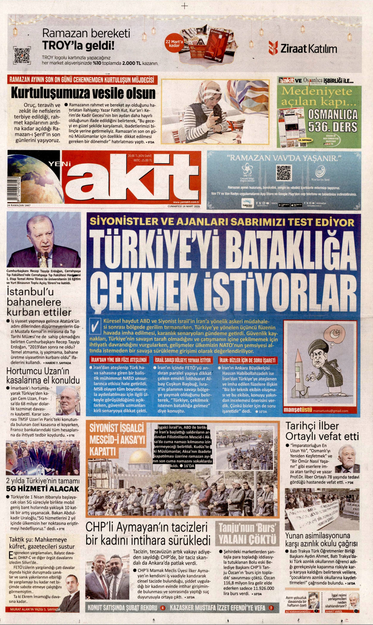 YENİ AKİT gazetesinin 14 Mart 2026 tarihli birinci sayfası