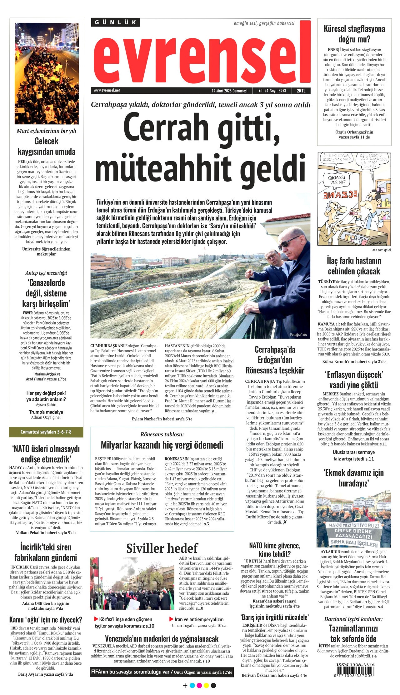 EVRENSEL gazetesinin 14 Mart 2026 tarihli birinci sayfası