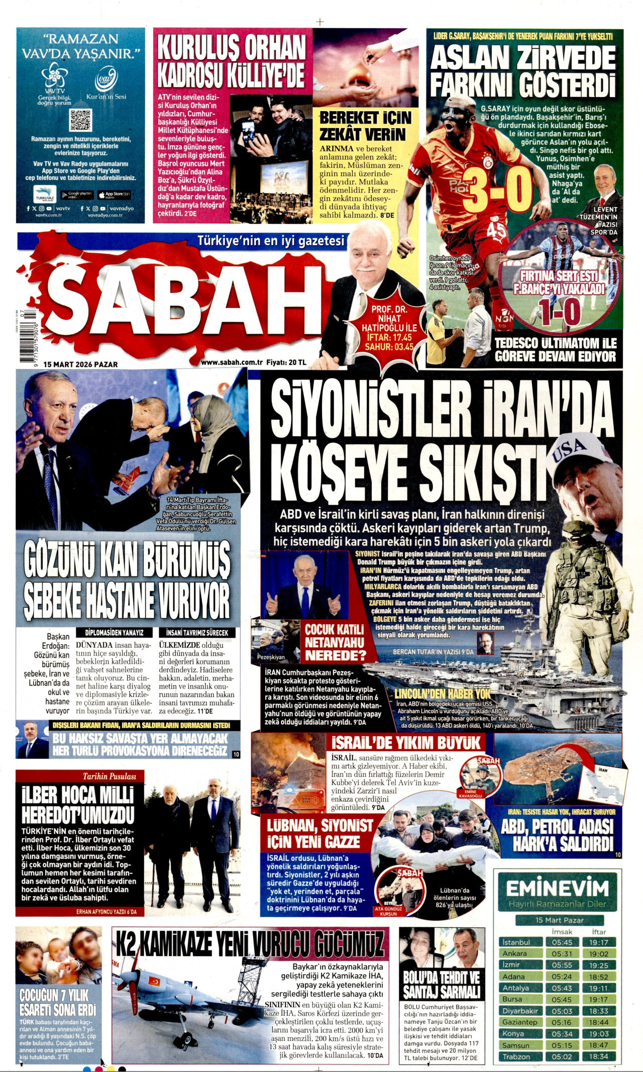 SABAH gazetesinin 15 Mart 2026 tarihli birinci sayfası