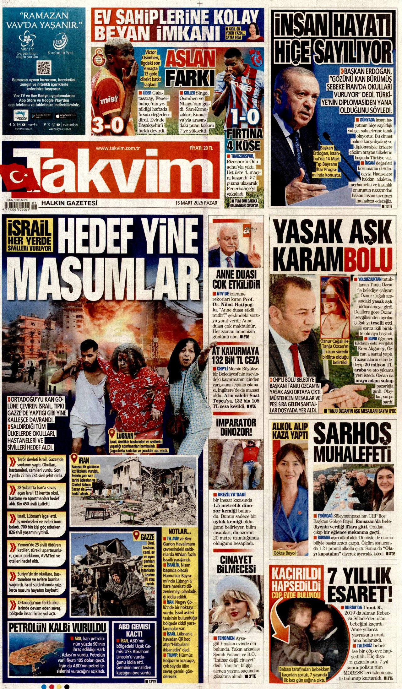 TAKVİM gazetesinin 15 Mart 2026 tarihli birinci sayfası