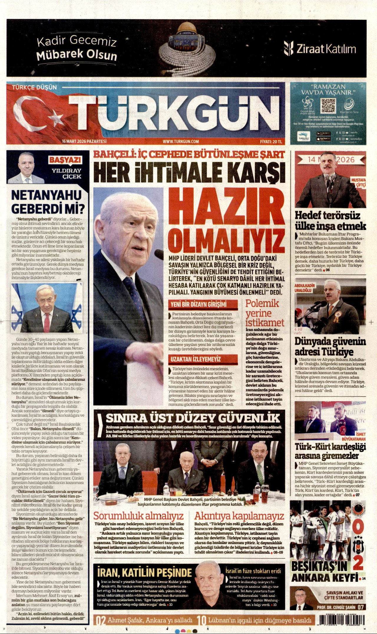TÜRKGÜN gazetesinin 16 Mart 2026 tarihli birinci sayfası