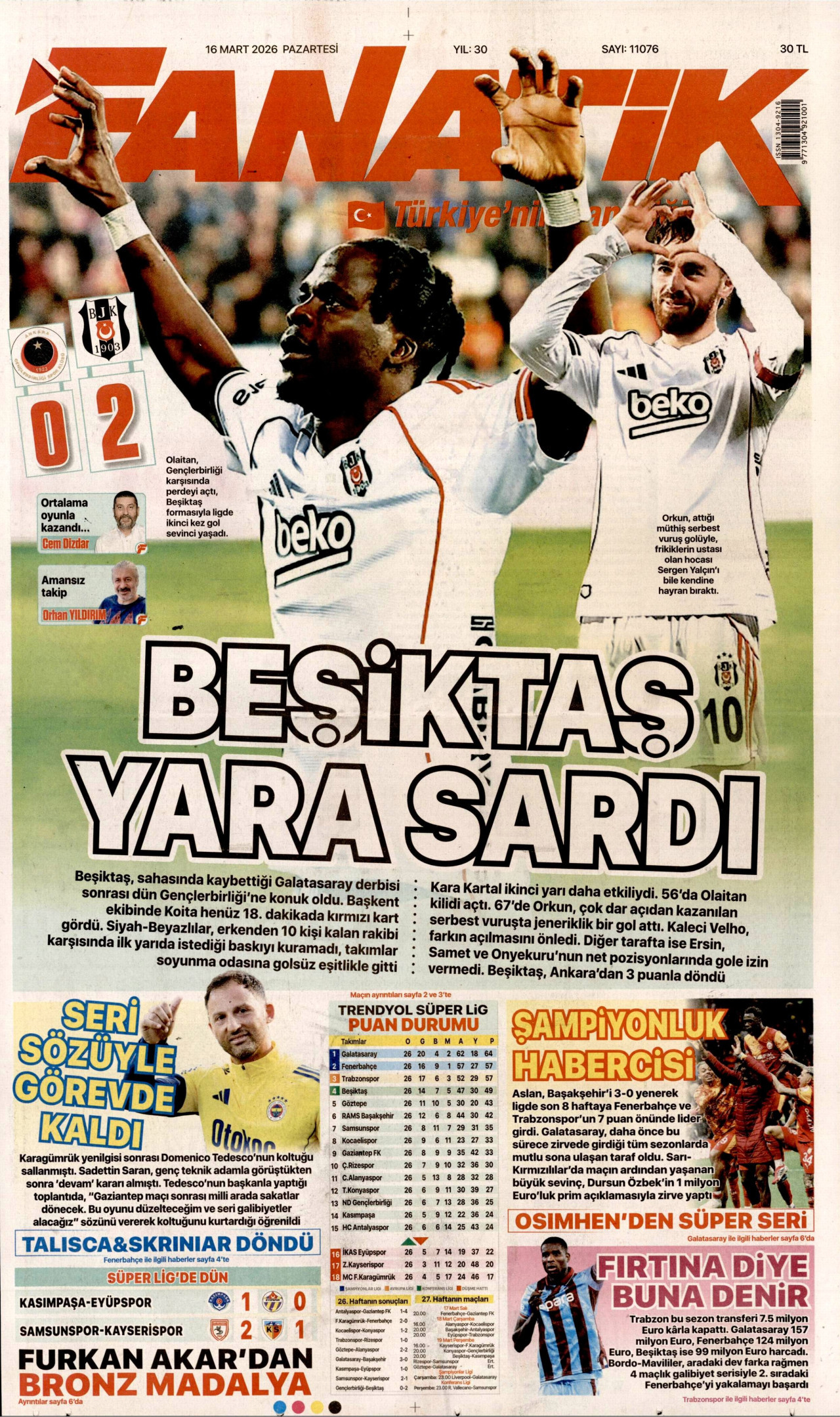 FANATİK gazetesinin 16 Mart 2026 tarihli birinci sayfası