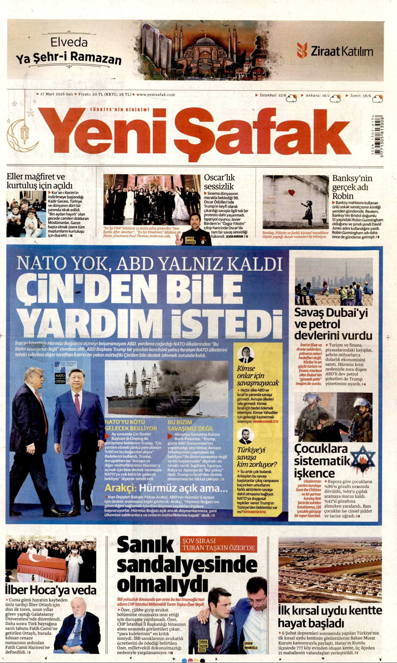 YENİ ŞAFAK gazetesinin 17 Mart 2026 tarihli birinci sayfası