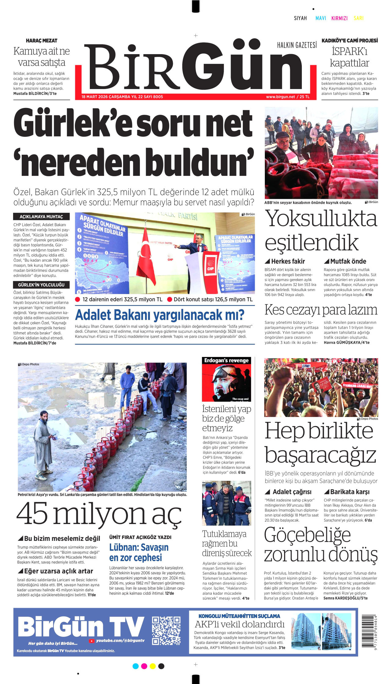BİRGÜN gazetesinin 18 Mart 2026 tarihli birinci sayfası