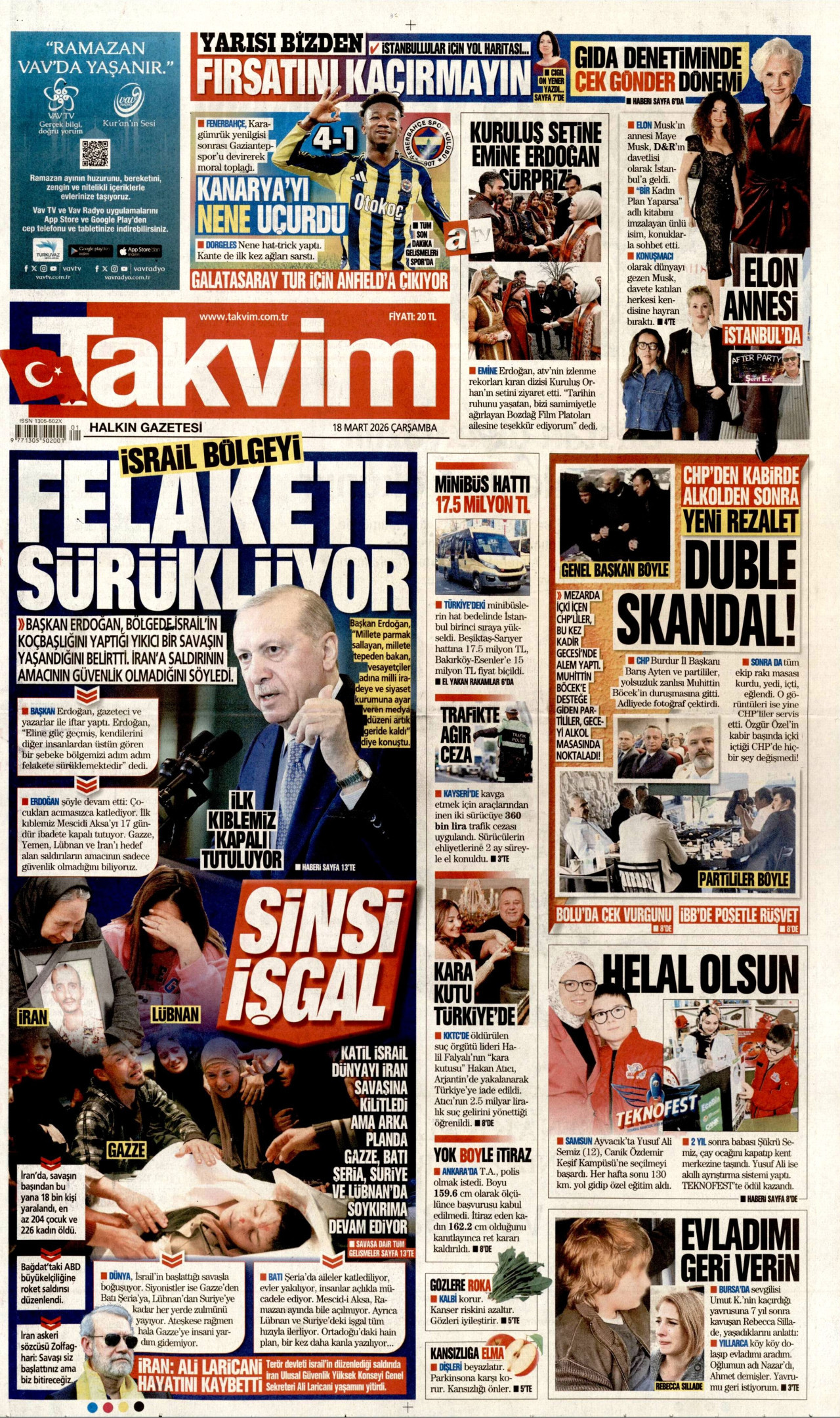TAKVİM gazetesinin 18 Mart 2026 tarihli birinci sayfası