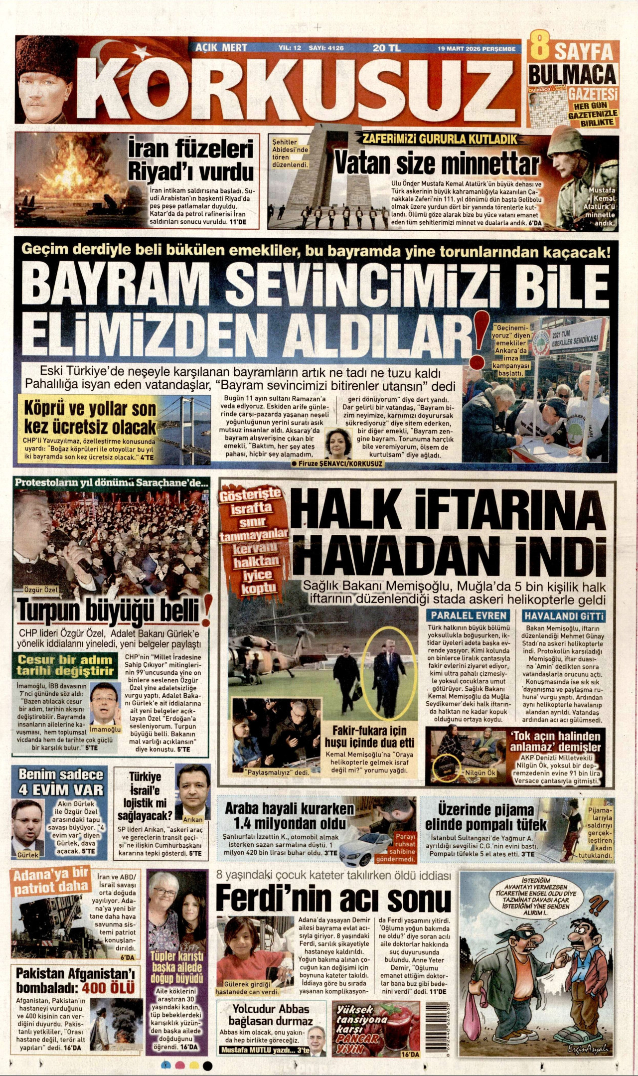 KORKUSUZ gazetesinin 19 Mart 2026 tarihli birinci sayfası