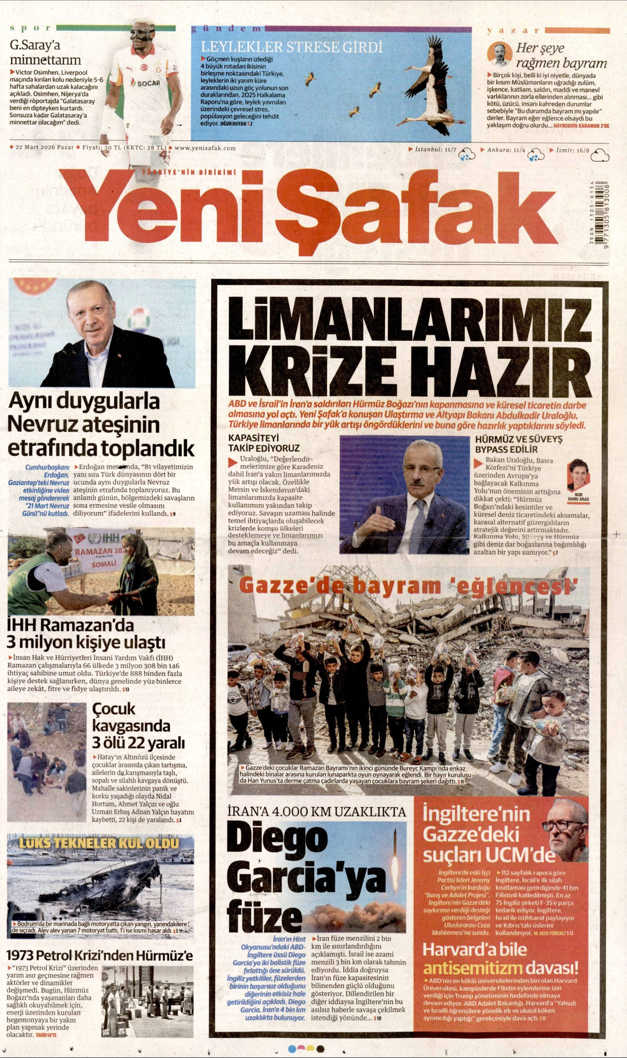 YENİ ŞAFAK gazetesinin 22 Mart 2026 tarihli birinci sayfası