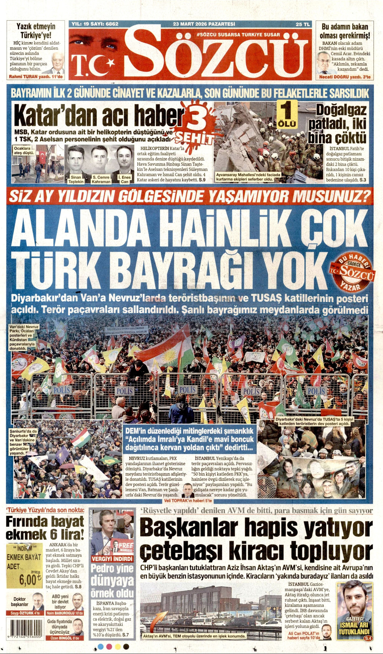 SÖZCÜ gazetesinin 23 Mart 2026 tarihli birinci sayfası