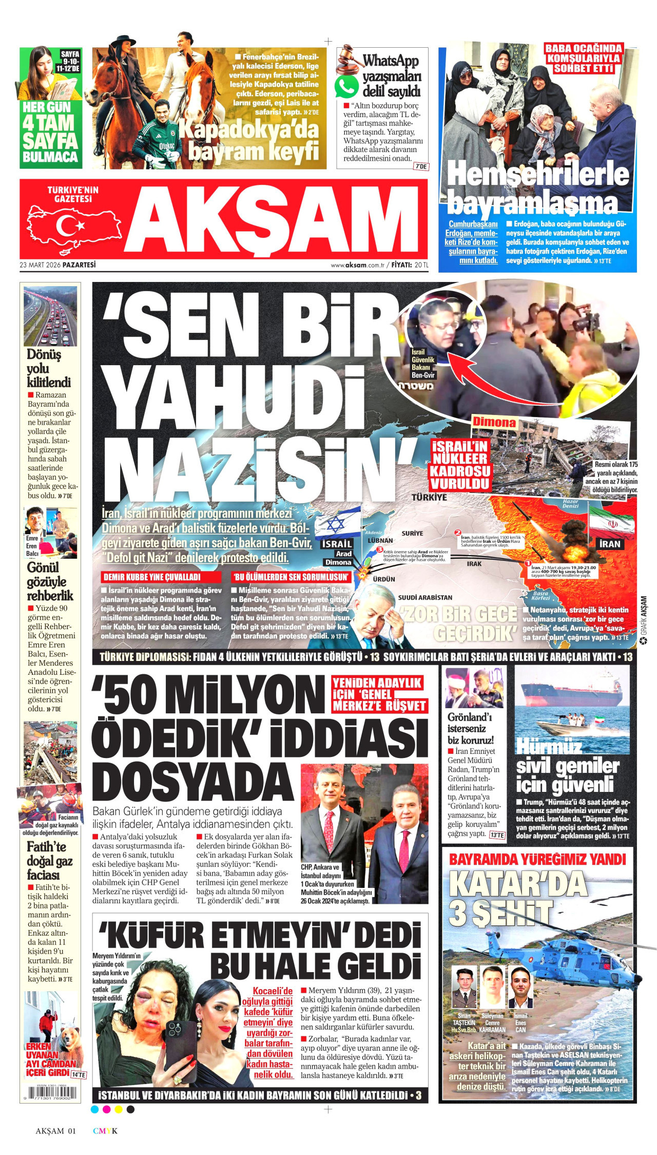 AKŞAM gazetesinin 23 Mart 2026 tarihli birinci sayfası