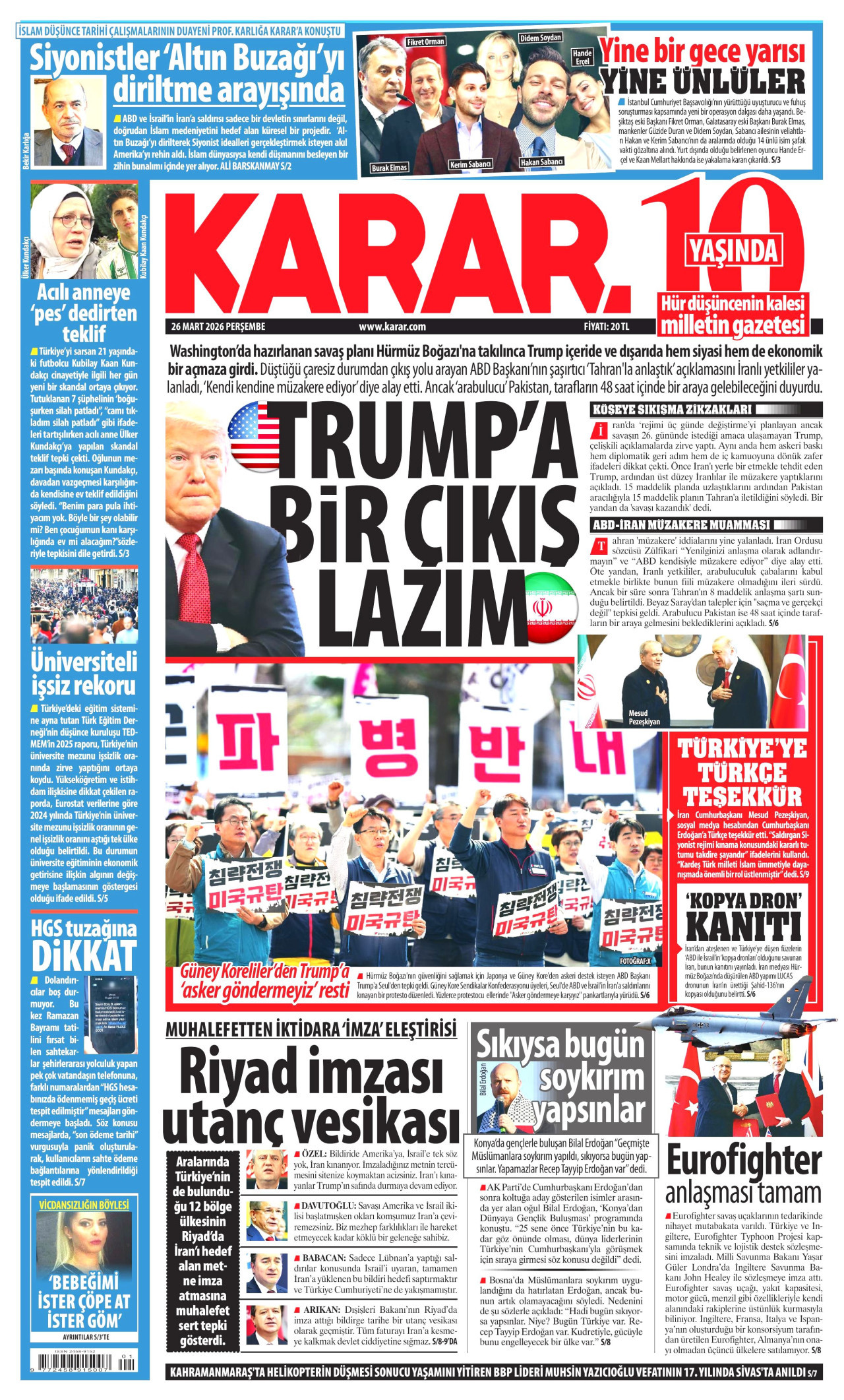 KARAR gazetesinin 26 Mart 2026 tarihli birinci sayfası