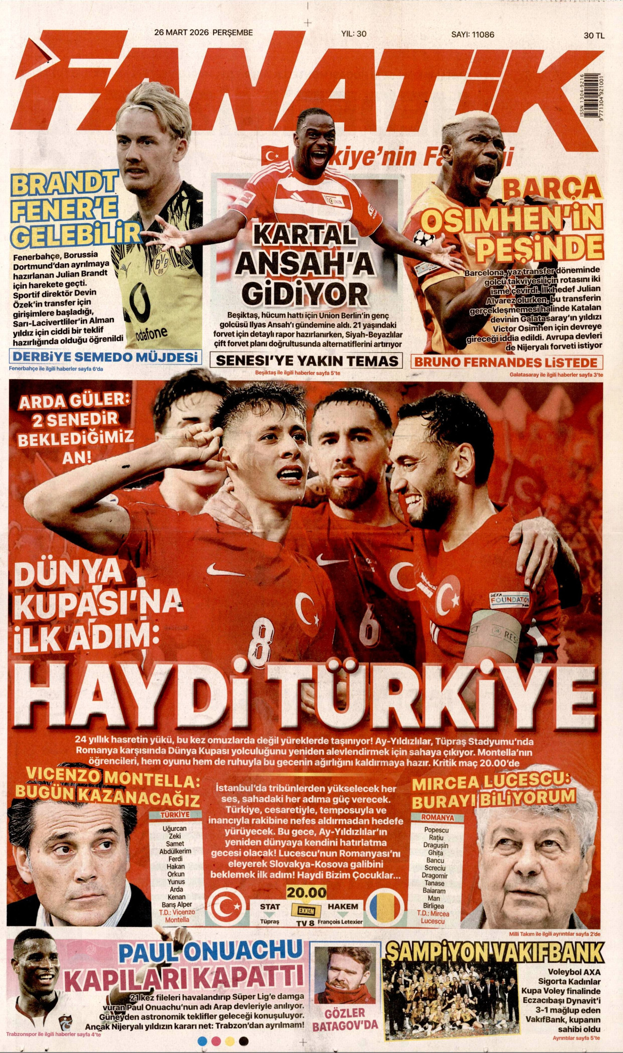 FANATİK gazetesinin 26 Mart 2026 tarihli birinci sayfası