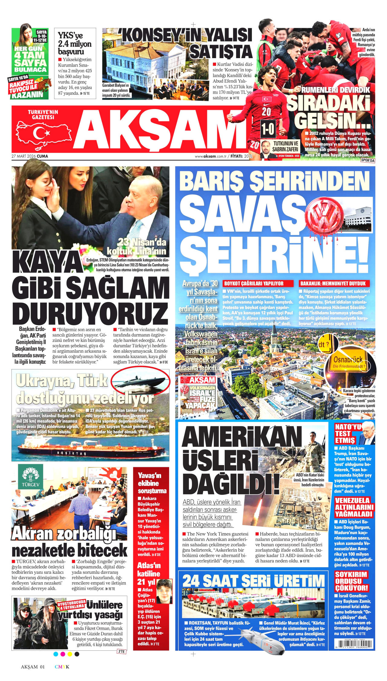 AKŞAM gazetesinin 27 Mart 2026 tarihli birinci sayfası