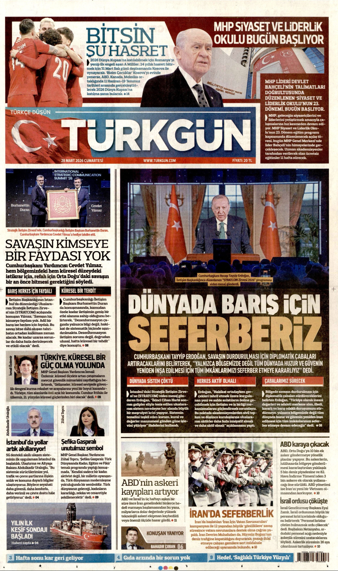 TÜRKGÜN gazetesinin 28 Mart 2026 tarihli birinci sayfası