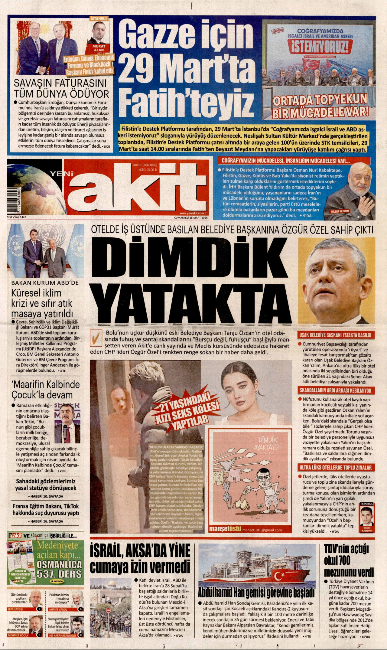 YENİ AKİT gazetesinin 28 Mart 2026 tarihli birinci sayfası