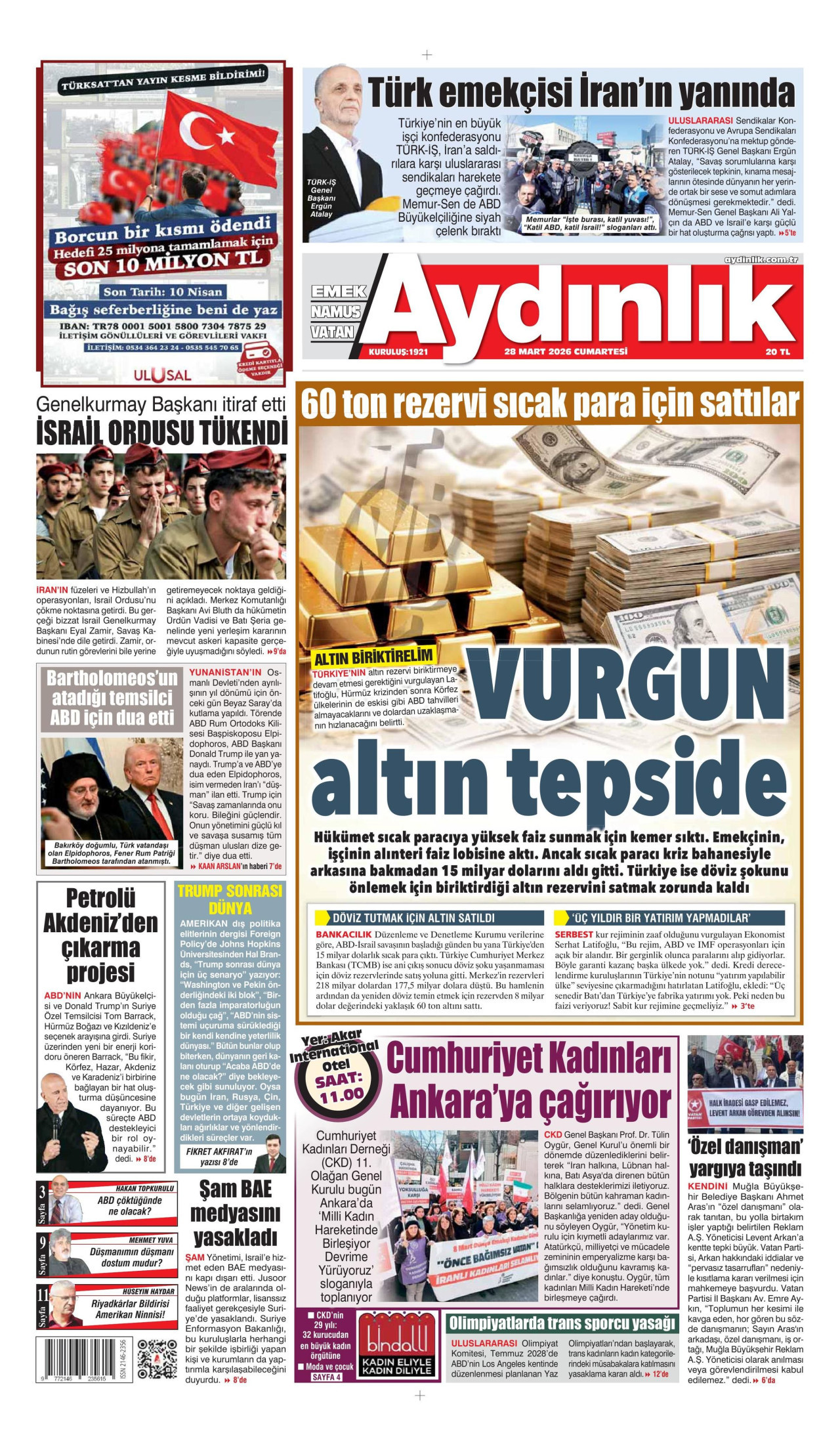 AYDINLIK GAZETESİ gazetesinin 28 Mart 2026 tarihli birinci sayfası