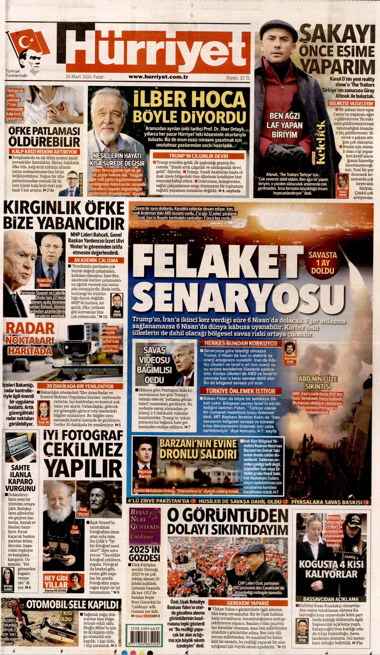 HÜRRİYET gazetesinin 29 Mart 2026 tarihli birinci sayfası