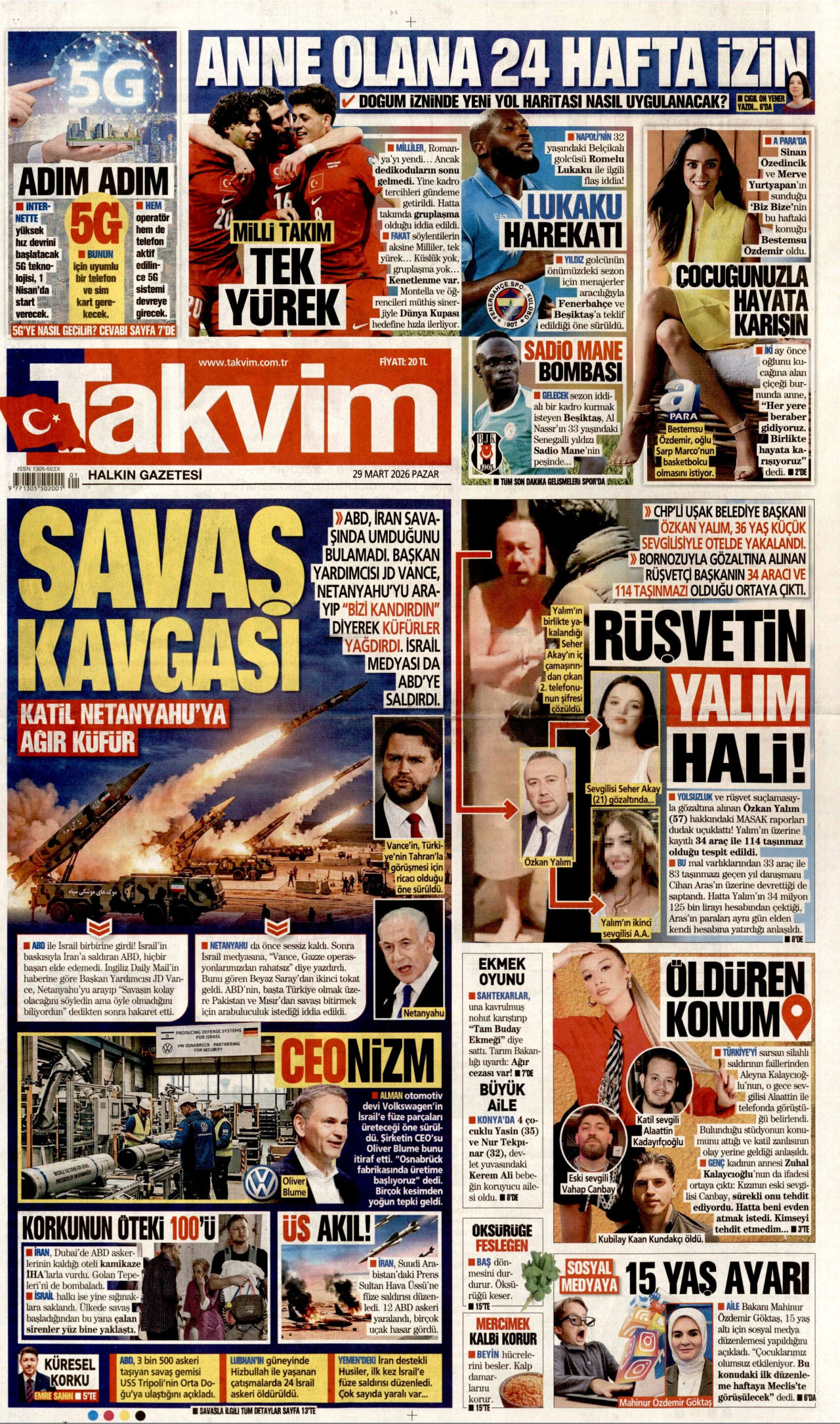 TAKVİM gazetesinin 29 Mart 2026 tarihli birinci sayfası