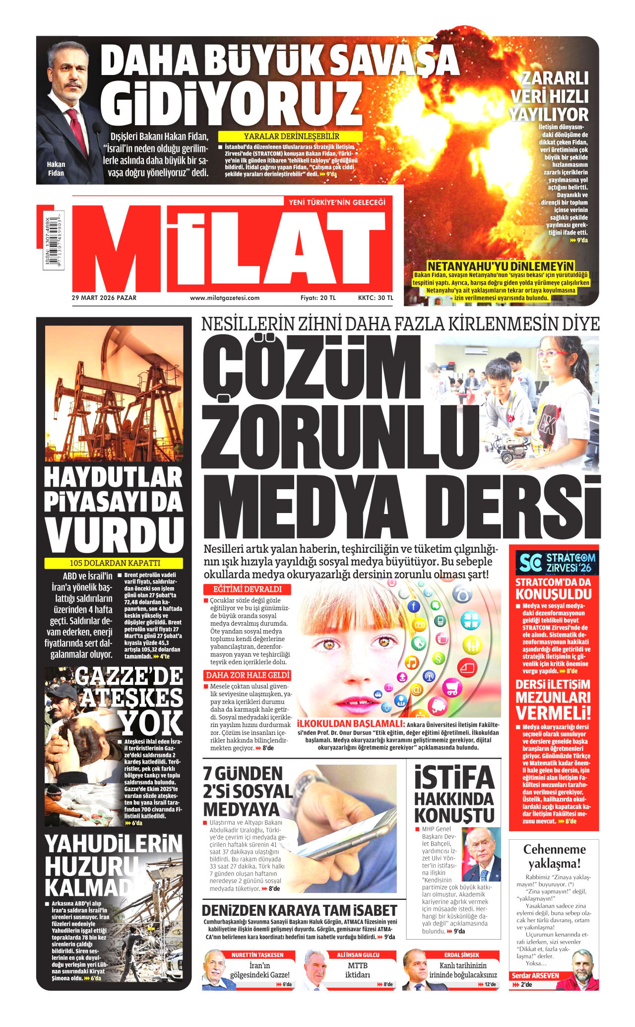 MİLAT gazetesinin 29 Mart 2026 tarihli birinci sayfası