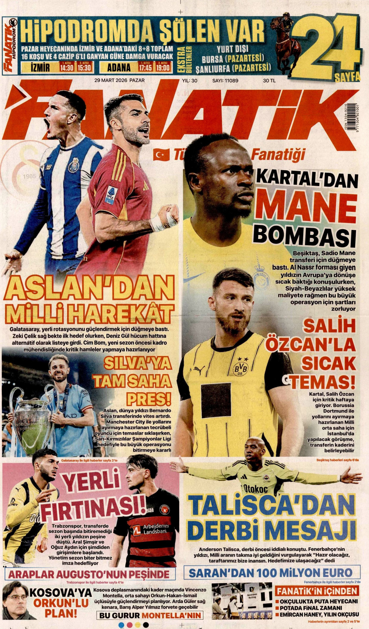 FANATİK gazetesinin 29 Mart 2026 tarihli birinci sayfası