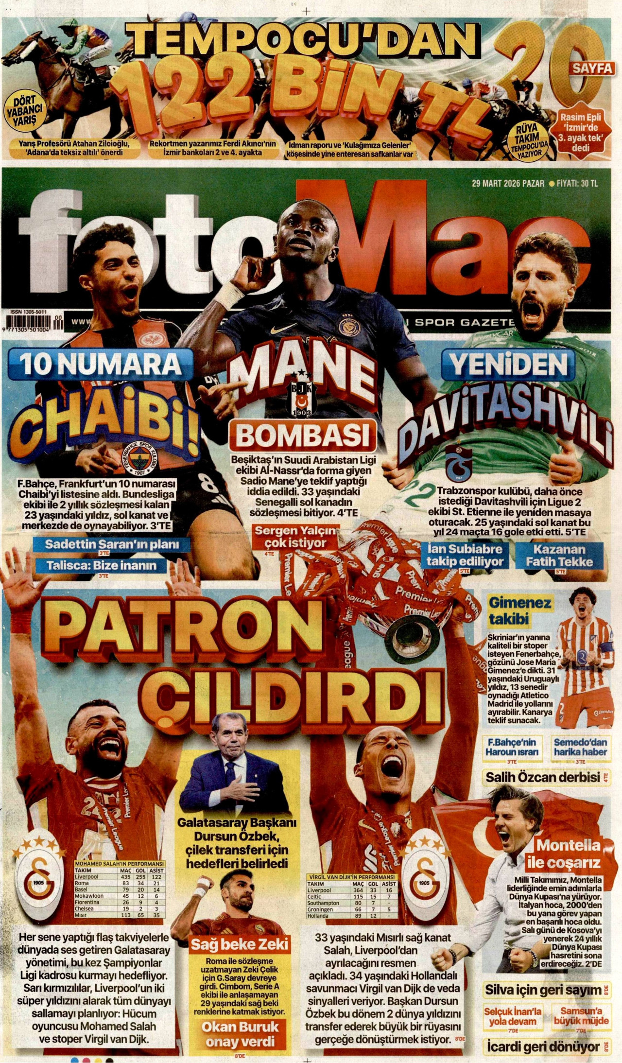 FOTOMAÇ gazetesinin 29 Mart 2026 tarihli birinci sayfası