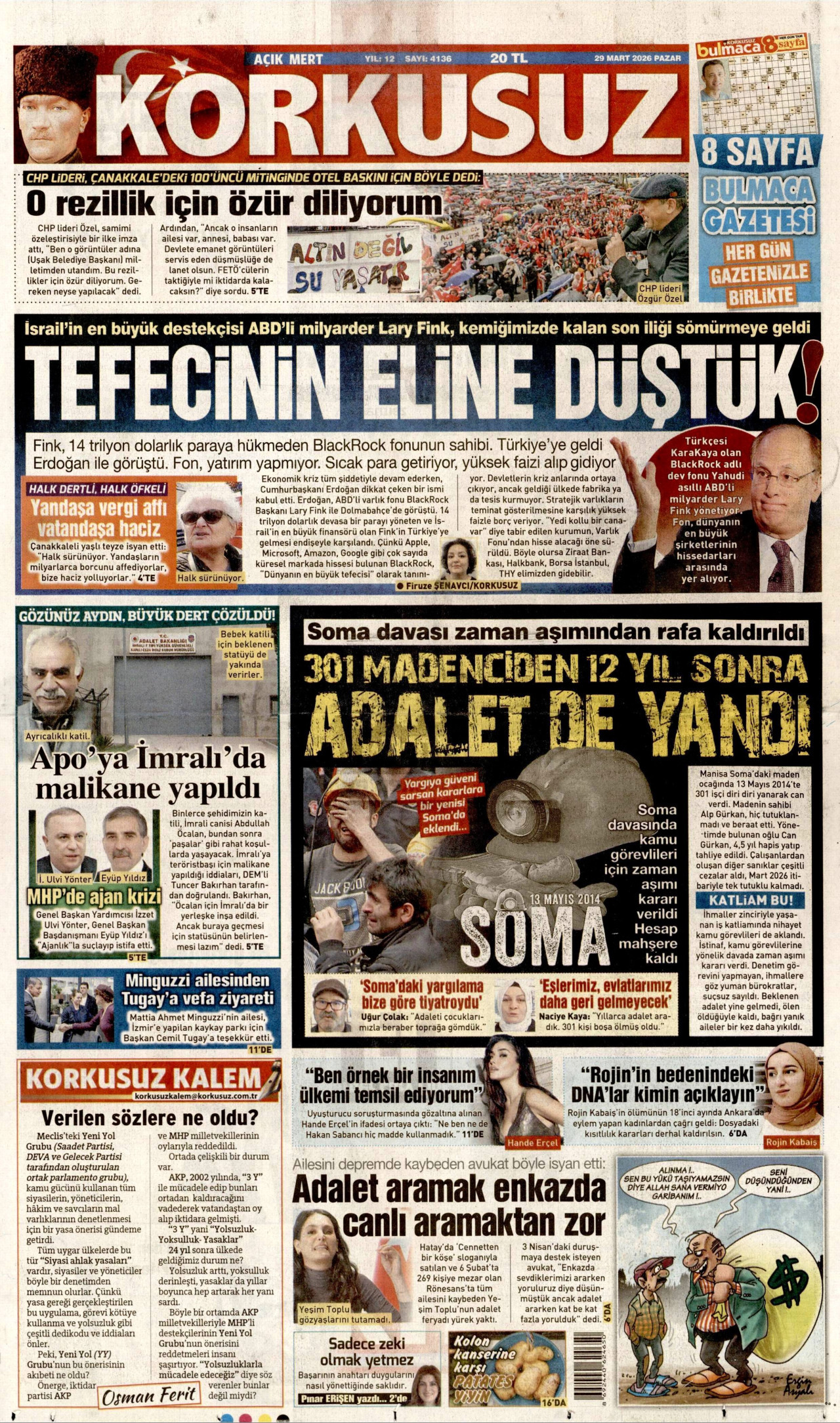 KORKUSUZ gazetesinin 29 Mart 2026 tarihli birinci sayfası