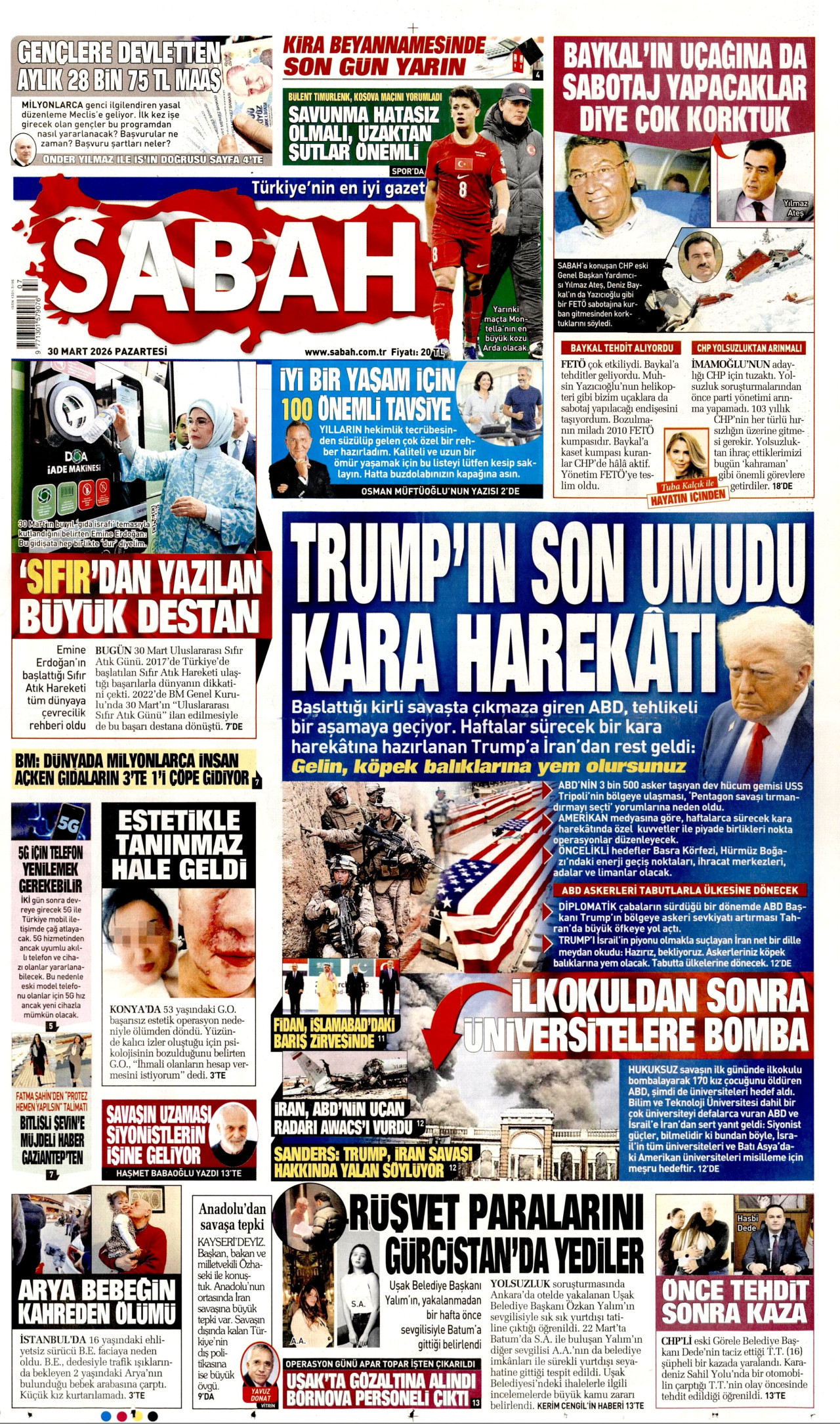 SABAH gazetesinin 30 Mart 2026 tarihli birinci sayfası
