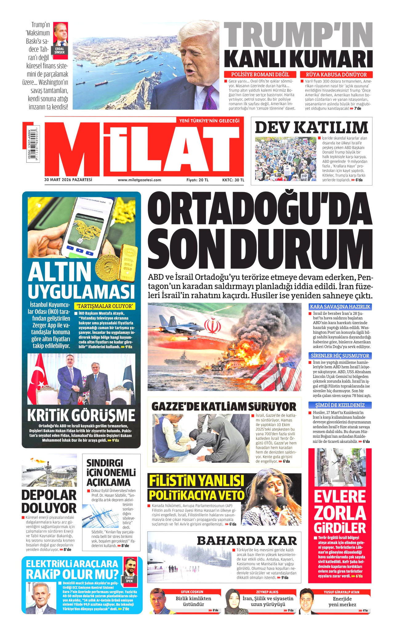 MİLAT gazetesinin 30 Mart 2026 tarihli birinci sayfası