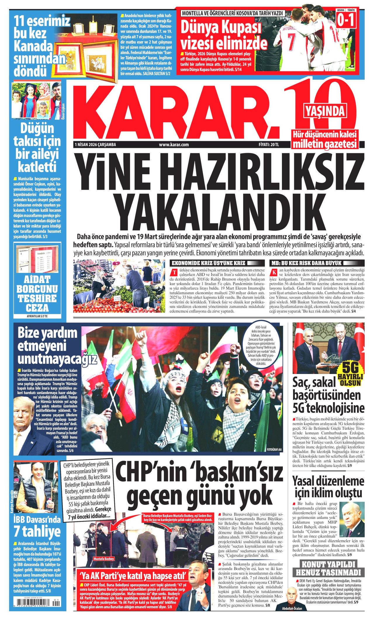 KARAR gazetesinin 1 Nisan 2026 tarihli birinci sayfası