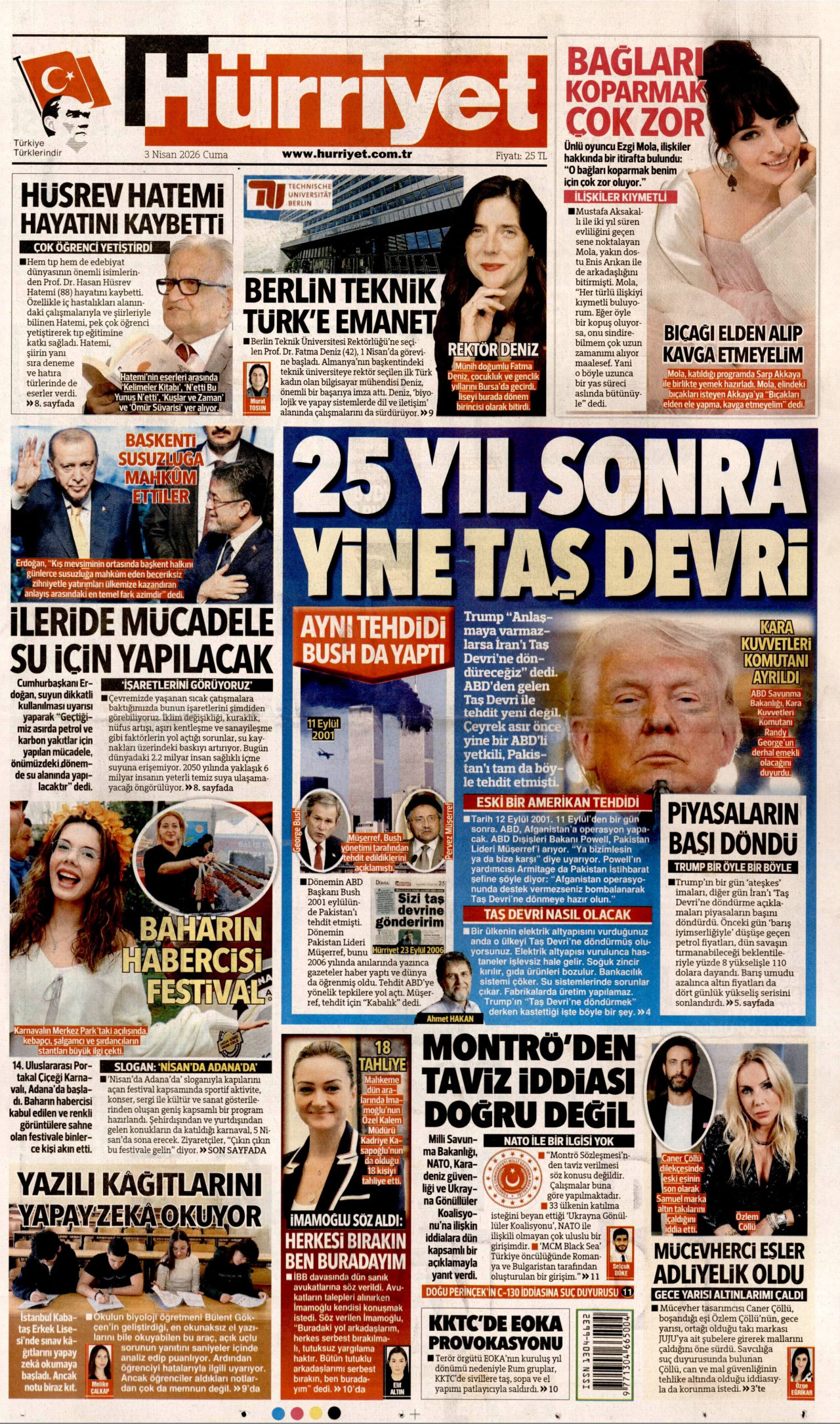 HÜRRİYET gazetesinin 3 Nisan 2026 tarihli birinci sayfası