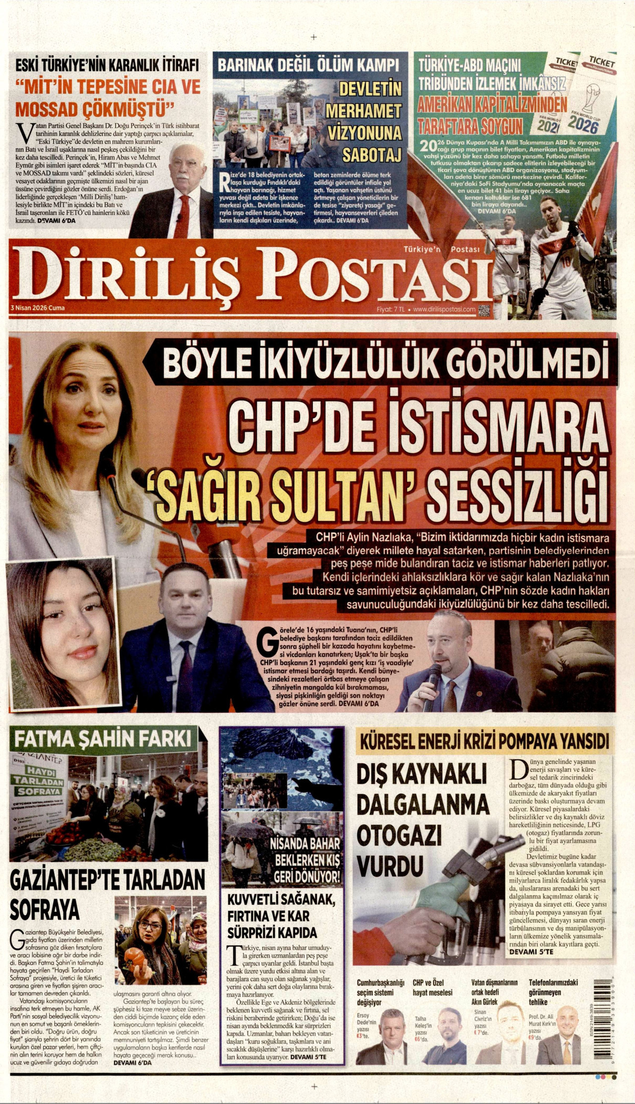 DİRİLİŞ POSTASI gazetesinin 3 Nisan 2026 tarihli birinci sayfası