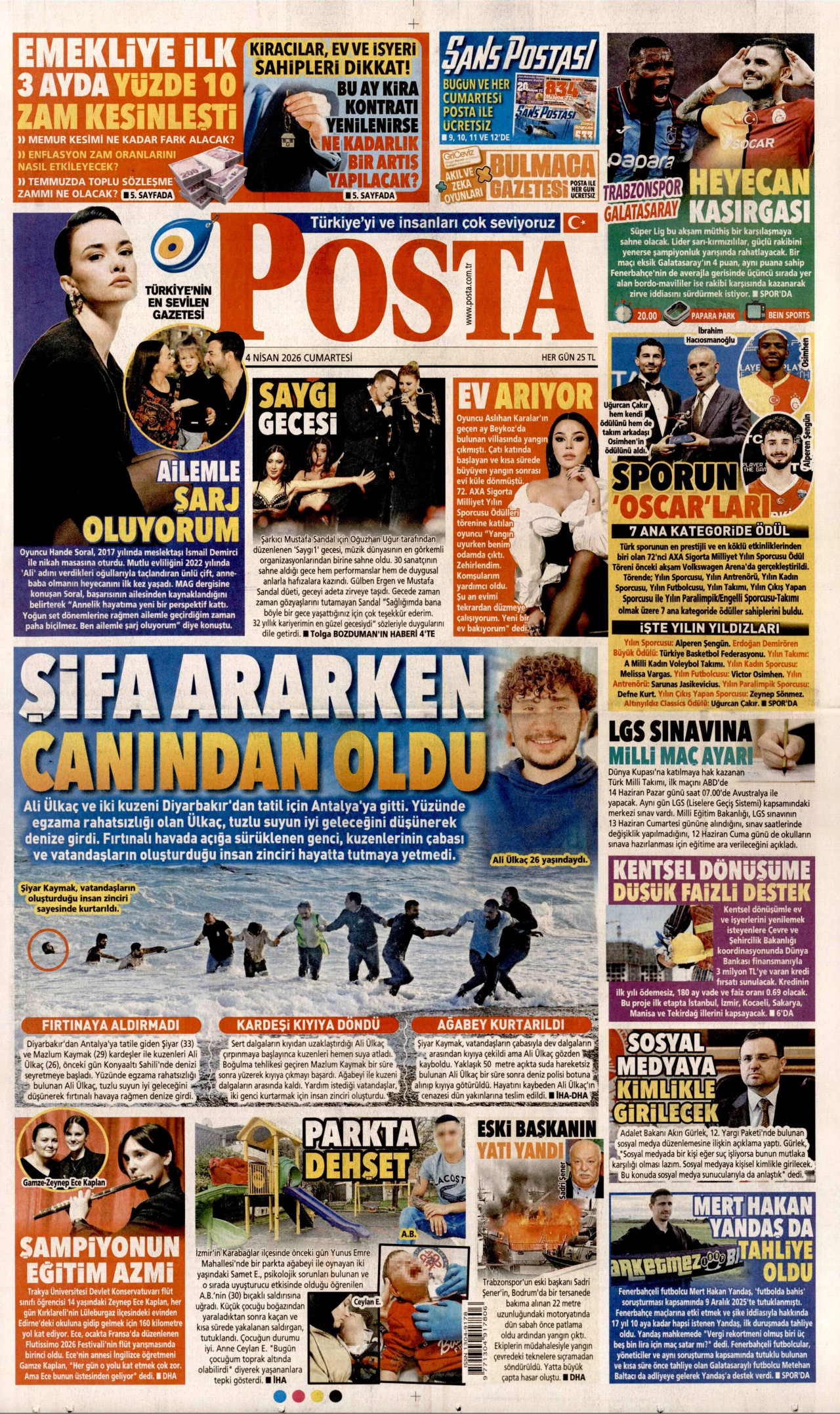 POSTA gazetesinin 4 Nisan 2026 tarihli birinci sayfası