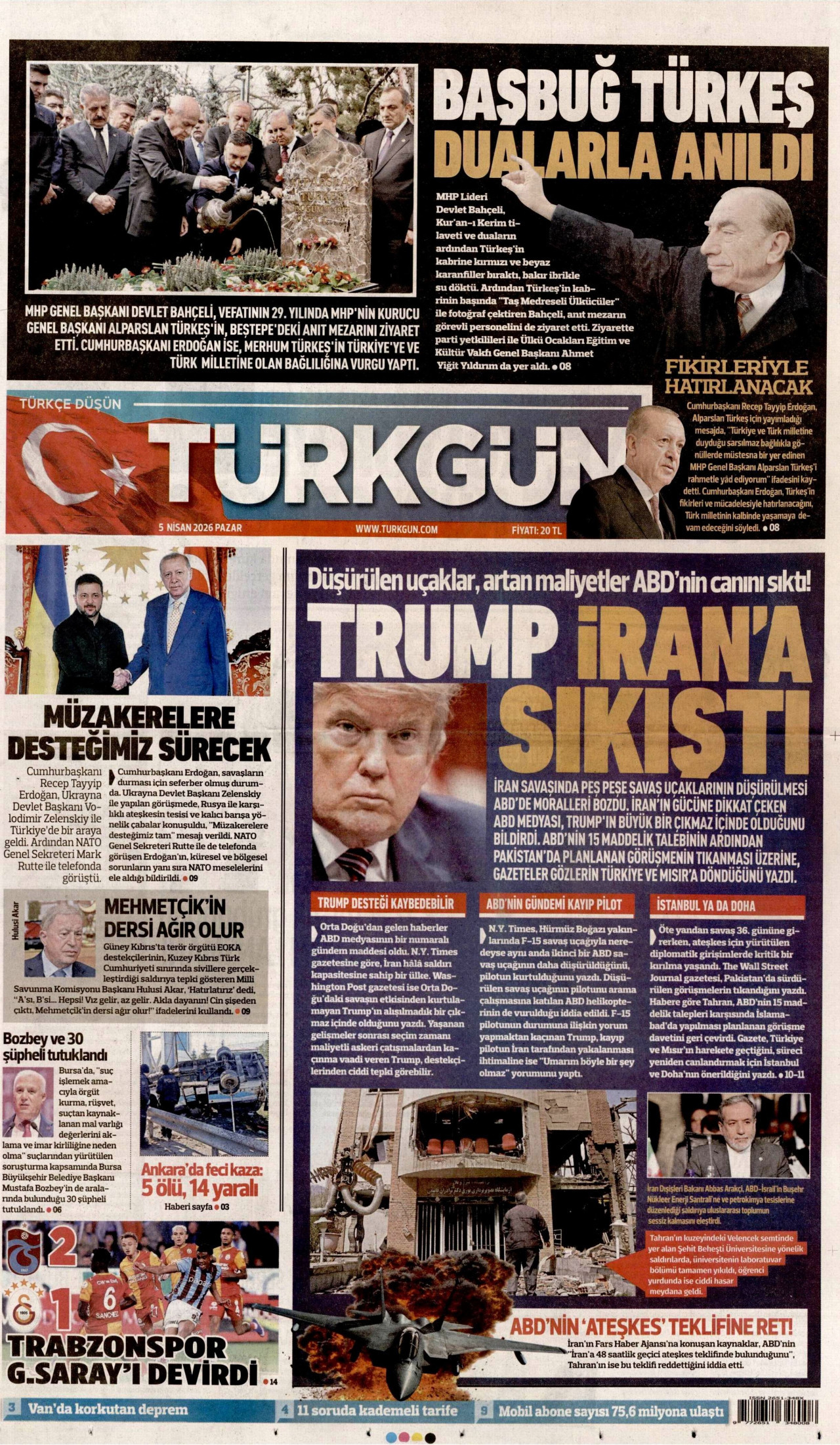TÜRKGÜN gazetesinin 5 Nisan 2026 tarihli birinci sayfası
