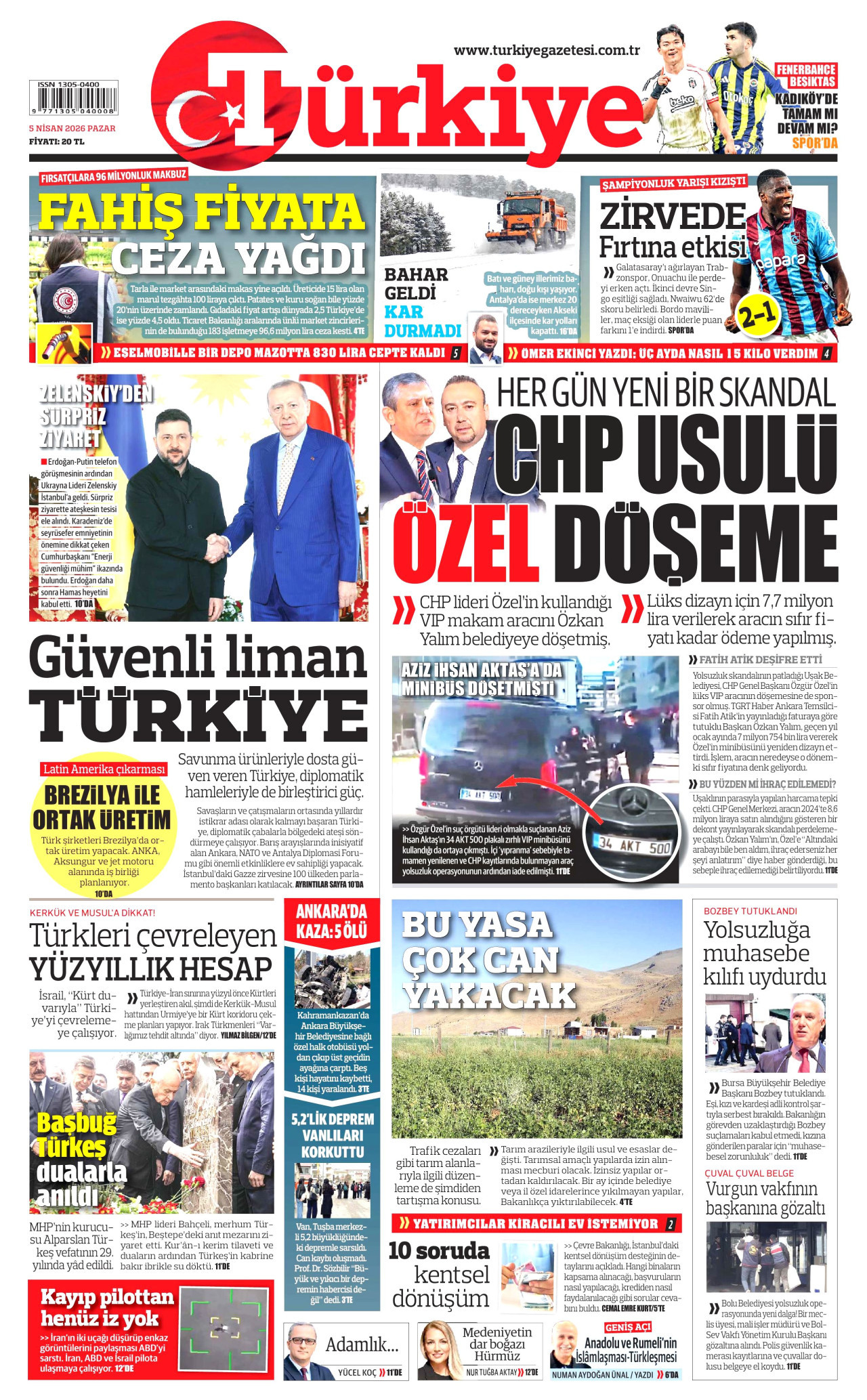 TÜRKİYE GAZETESİ gazetesinin 5 Nisan 2026 tarihli birinci sayfası