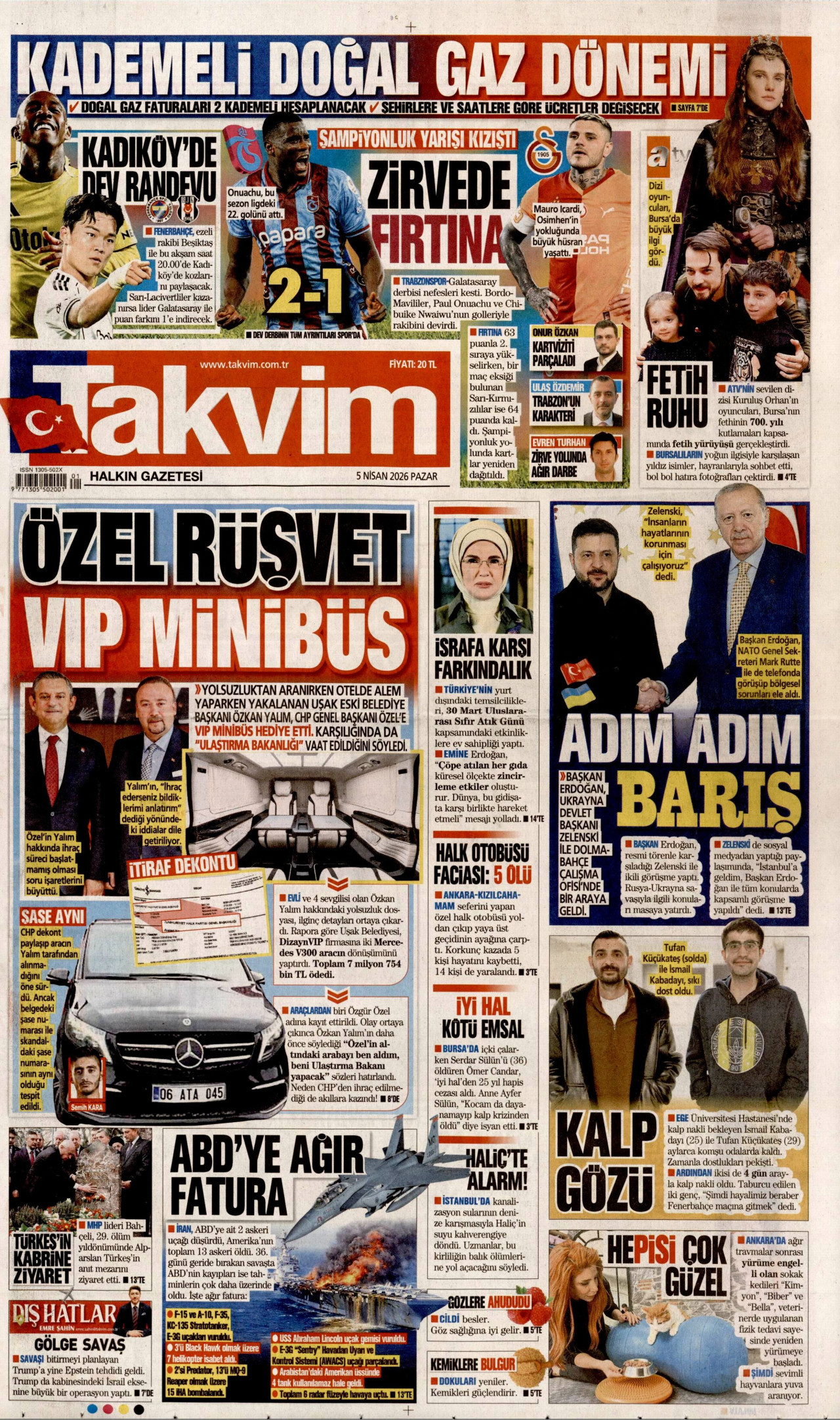 TAKVİM gazetesinin 5 Nisan 2026 tarihli birinci sayfası