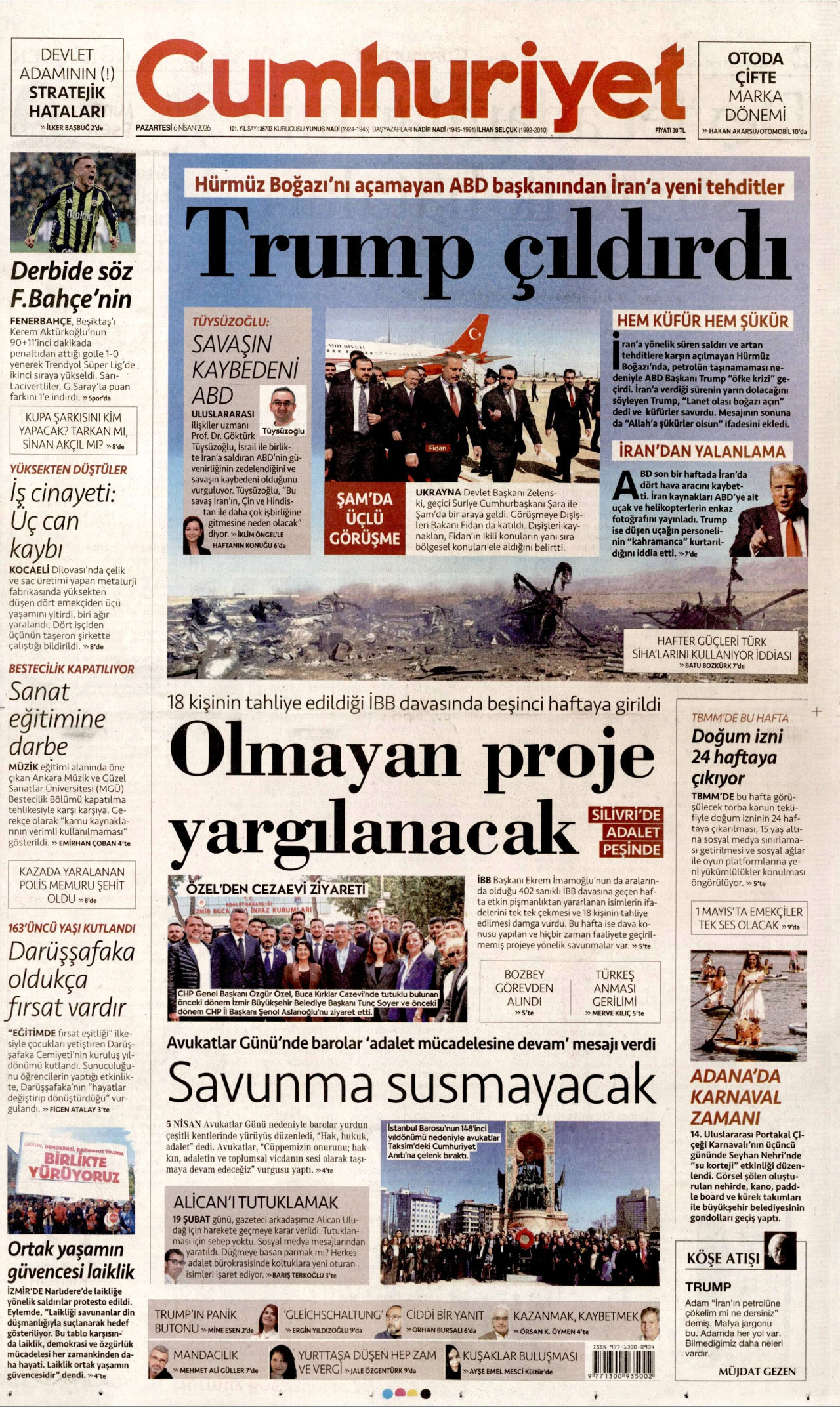CUMHURİYET gazetesinin 6 Nisan 2026 tarihli birinci sayfası