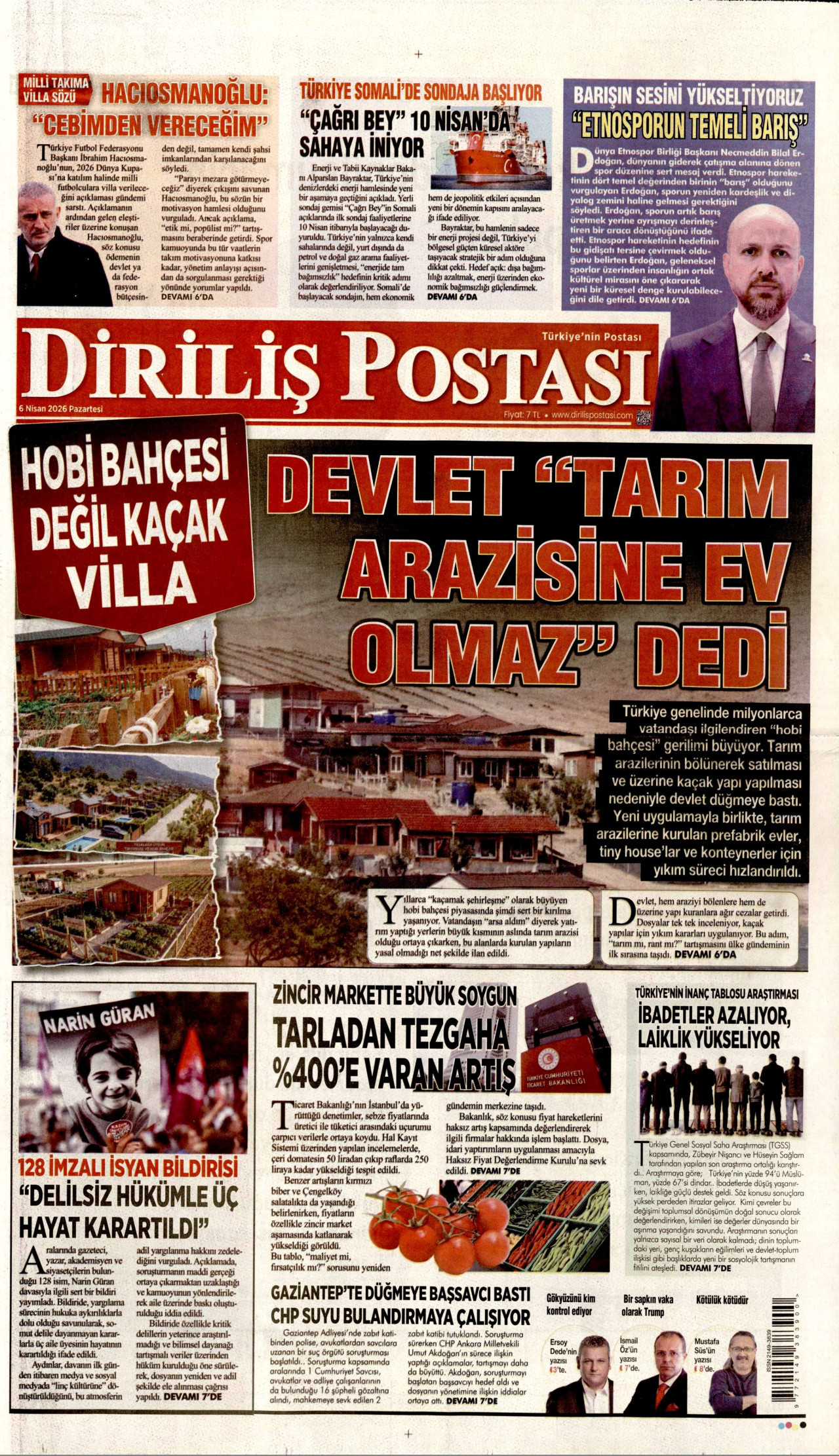 DİRİLİŞ POSTASI gazetesinin 6 Nisan 2026 tarihli birinci sayfası